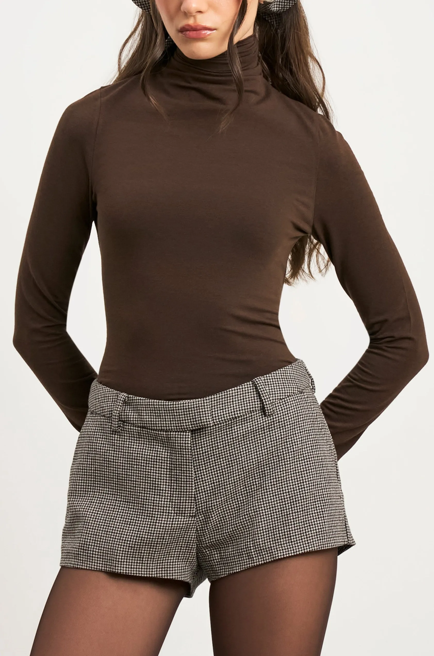 Semi Sheer High Neck Longsleeve Top -  Carob CroppedLength