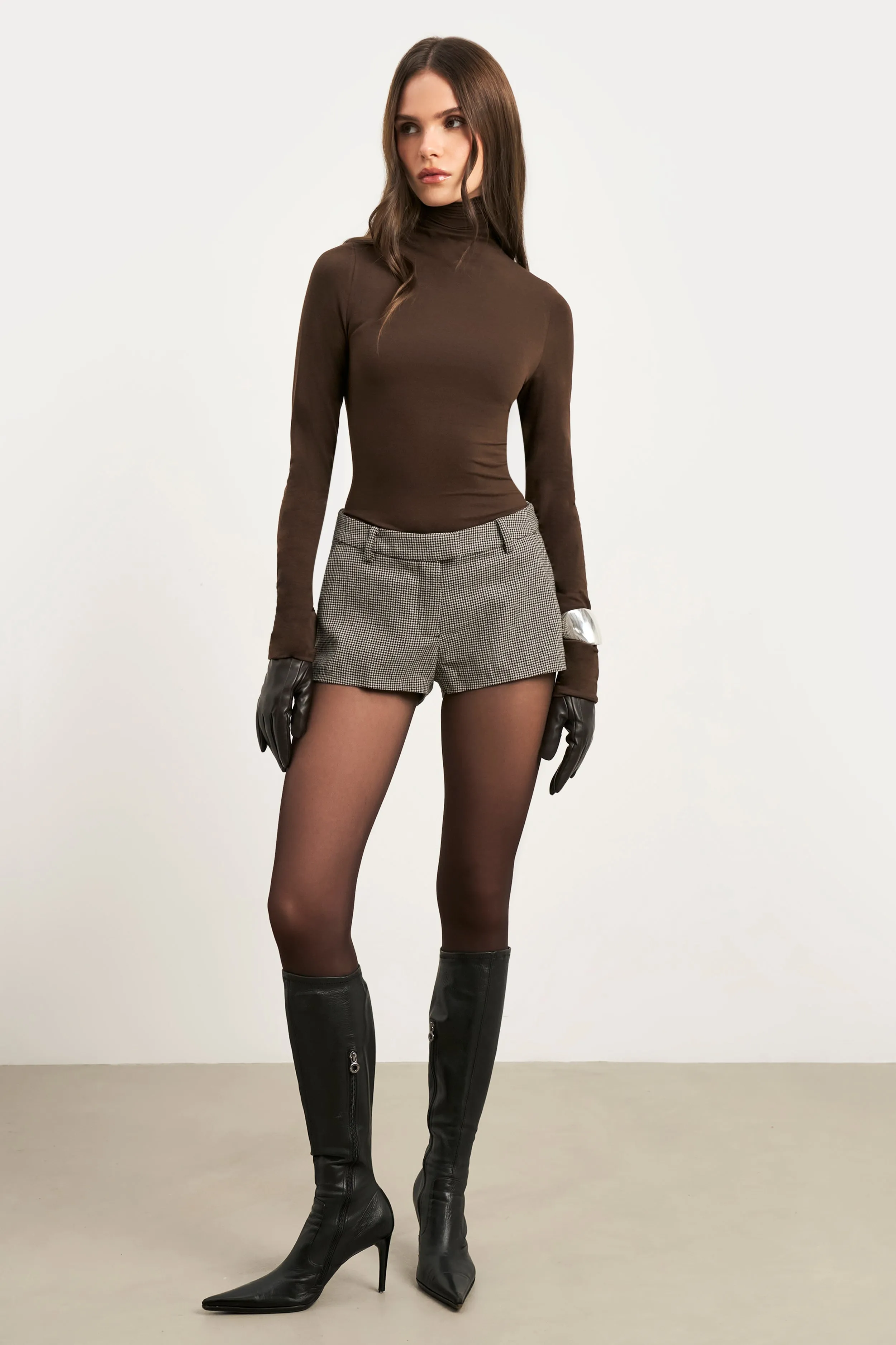 Semi Sheer High Neck Longsleeve Top -  Carob Self Fabric Tie Soft Touch Texture