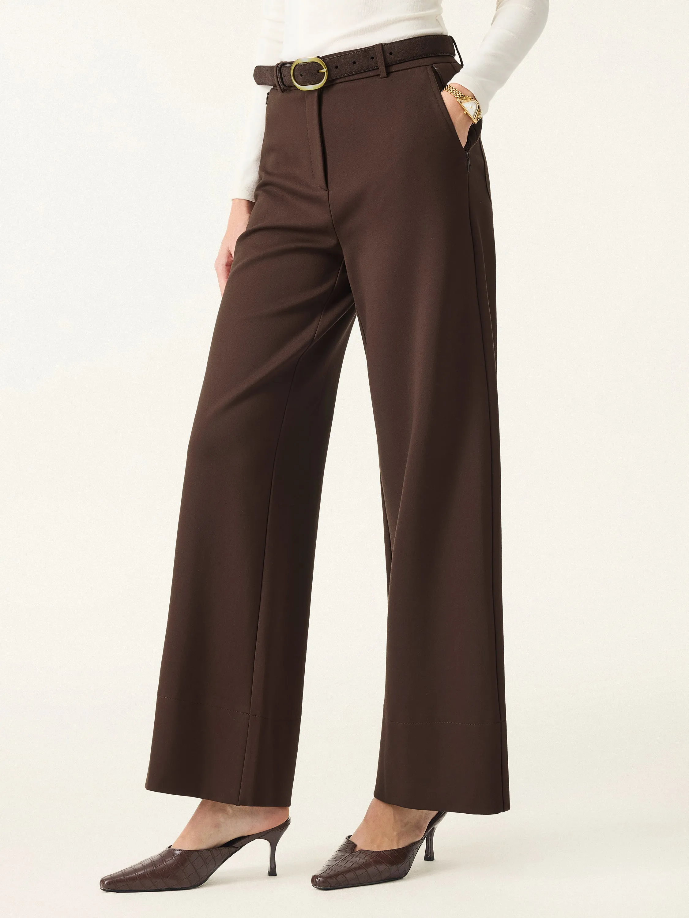High Rise Wide Leg Trousers with Zippered Pockets OrganicCottonBlend