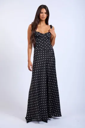 Rustic Charm Maxi Dress- Black Polka Dot FlexibleElasticatedEdging