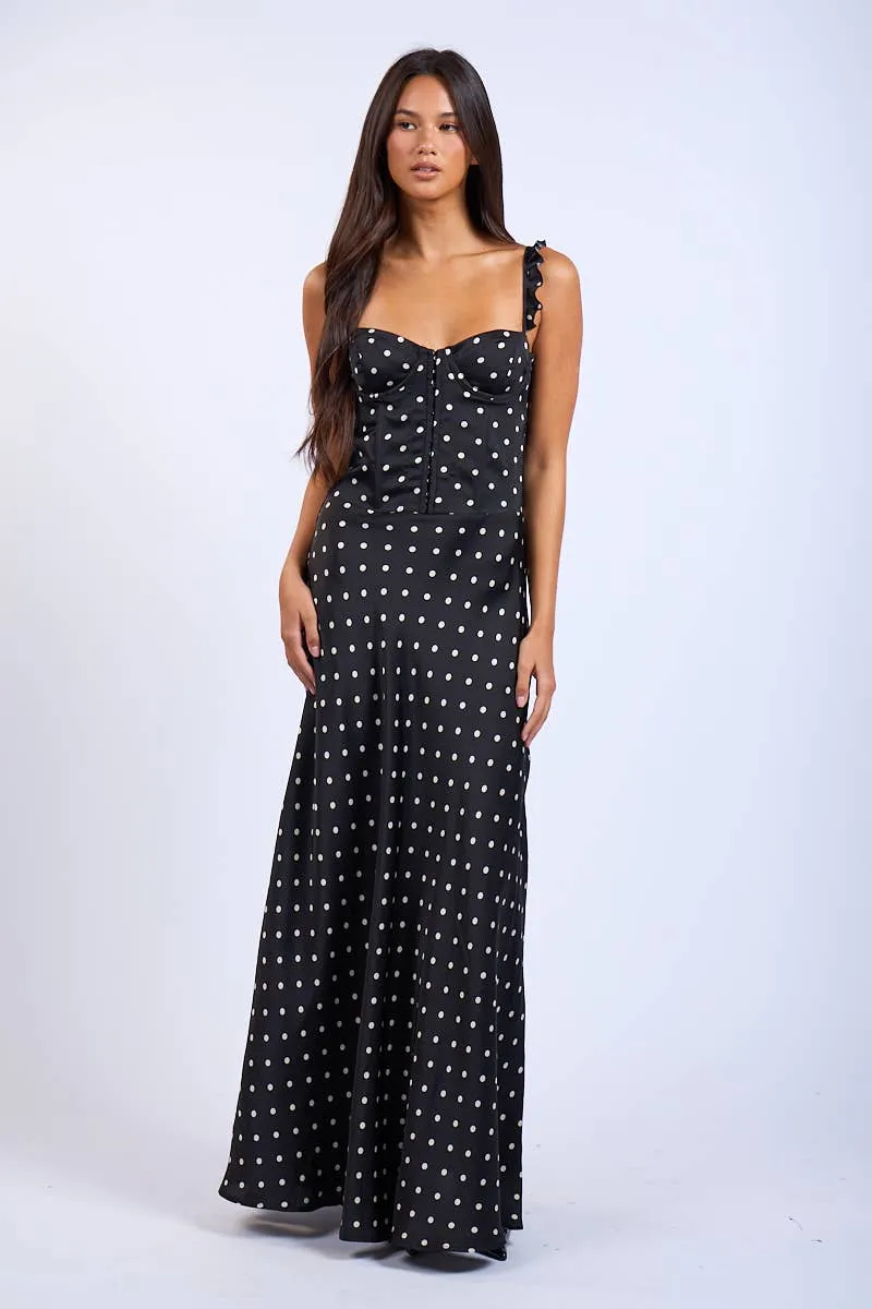 Rustic Charm Maxi Dress- Black Polka Dot elegant design SeamlessConstruction