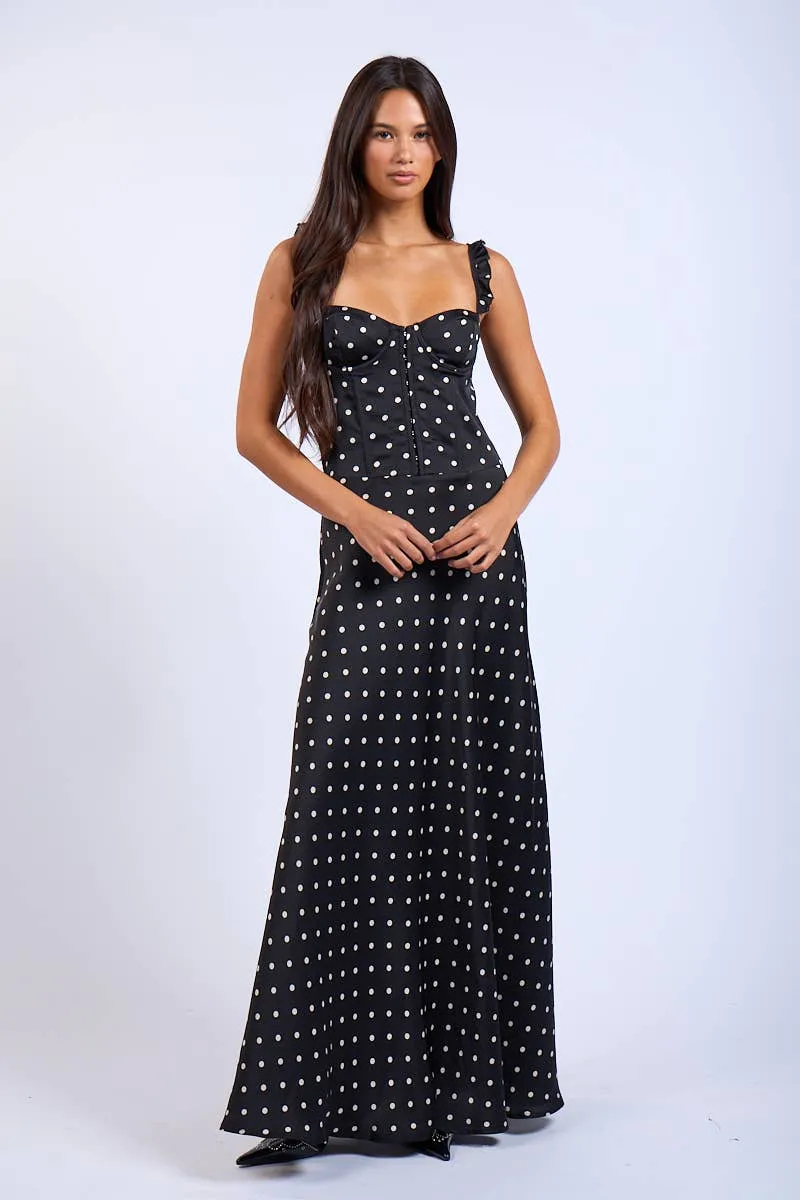 Rustic Charm Maxi Dress- Black Polka Dot DurableStitching Ribbed Neckline