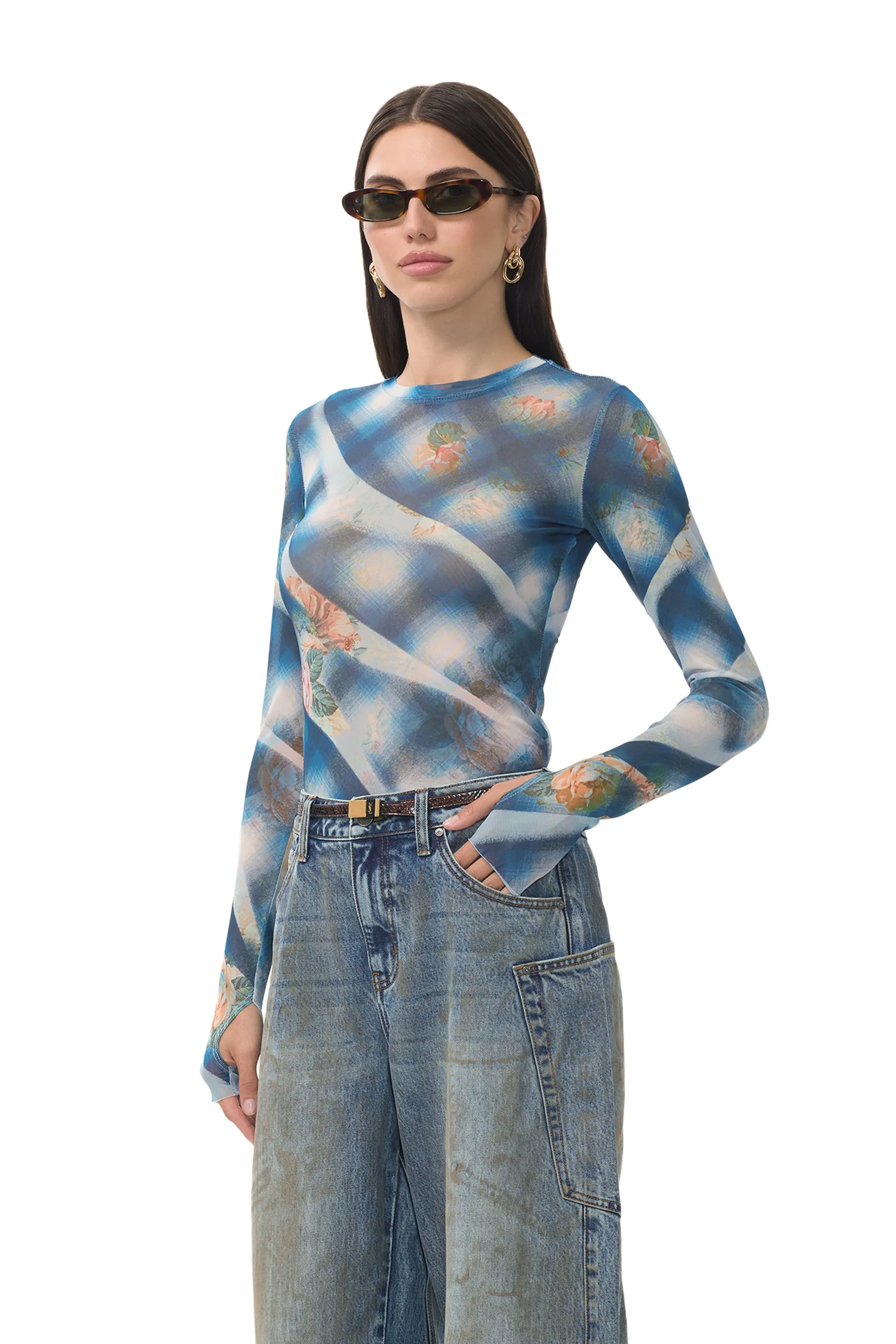 Kaylee Top - Blue Floral Plaid Circular Knit