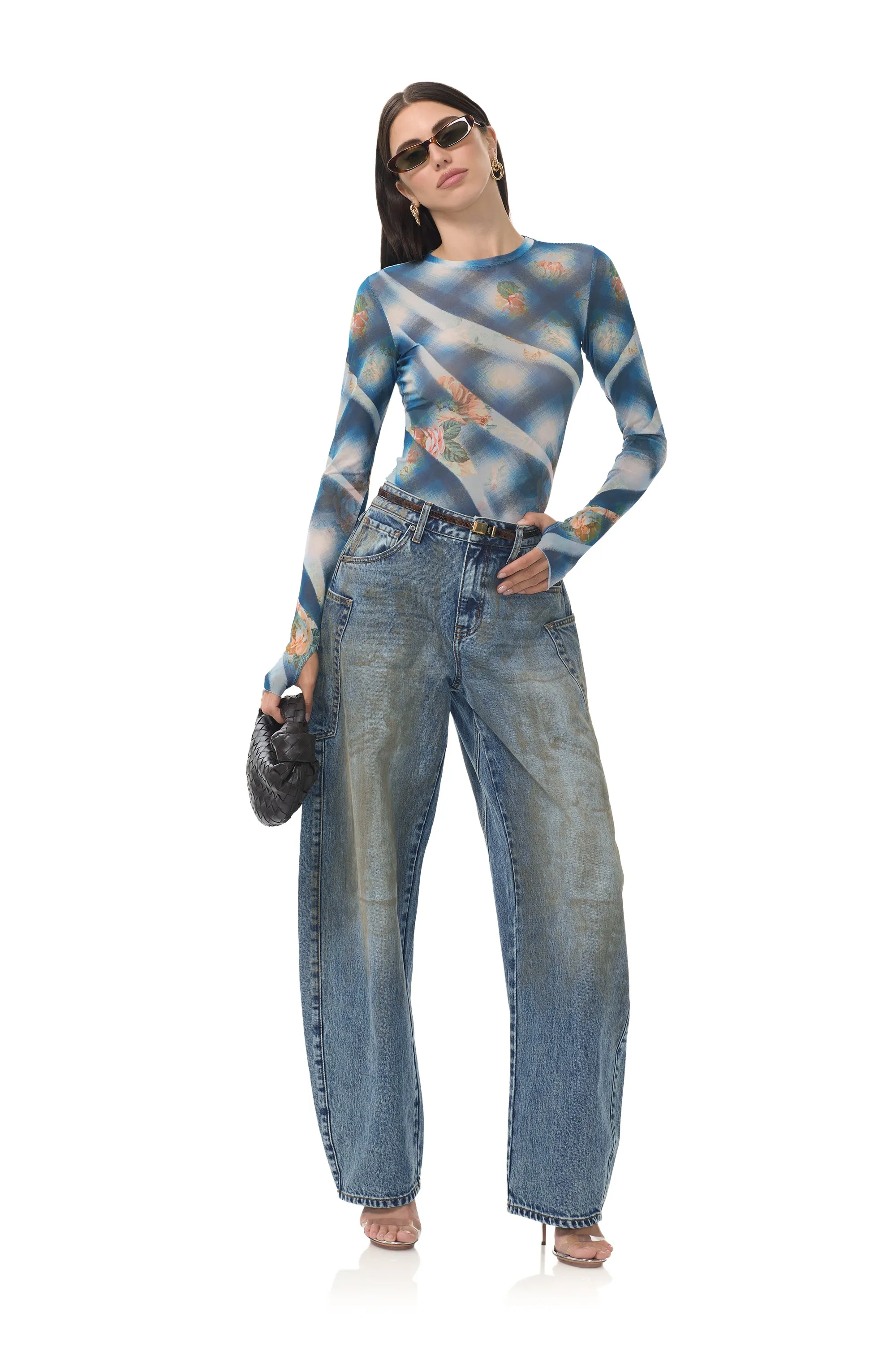 Kaylee Top - Blue Floral Plaid Taped Neckline Multi Panel Cut