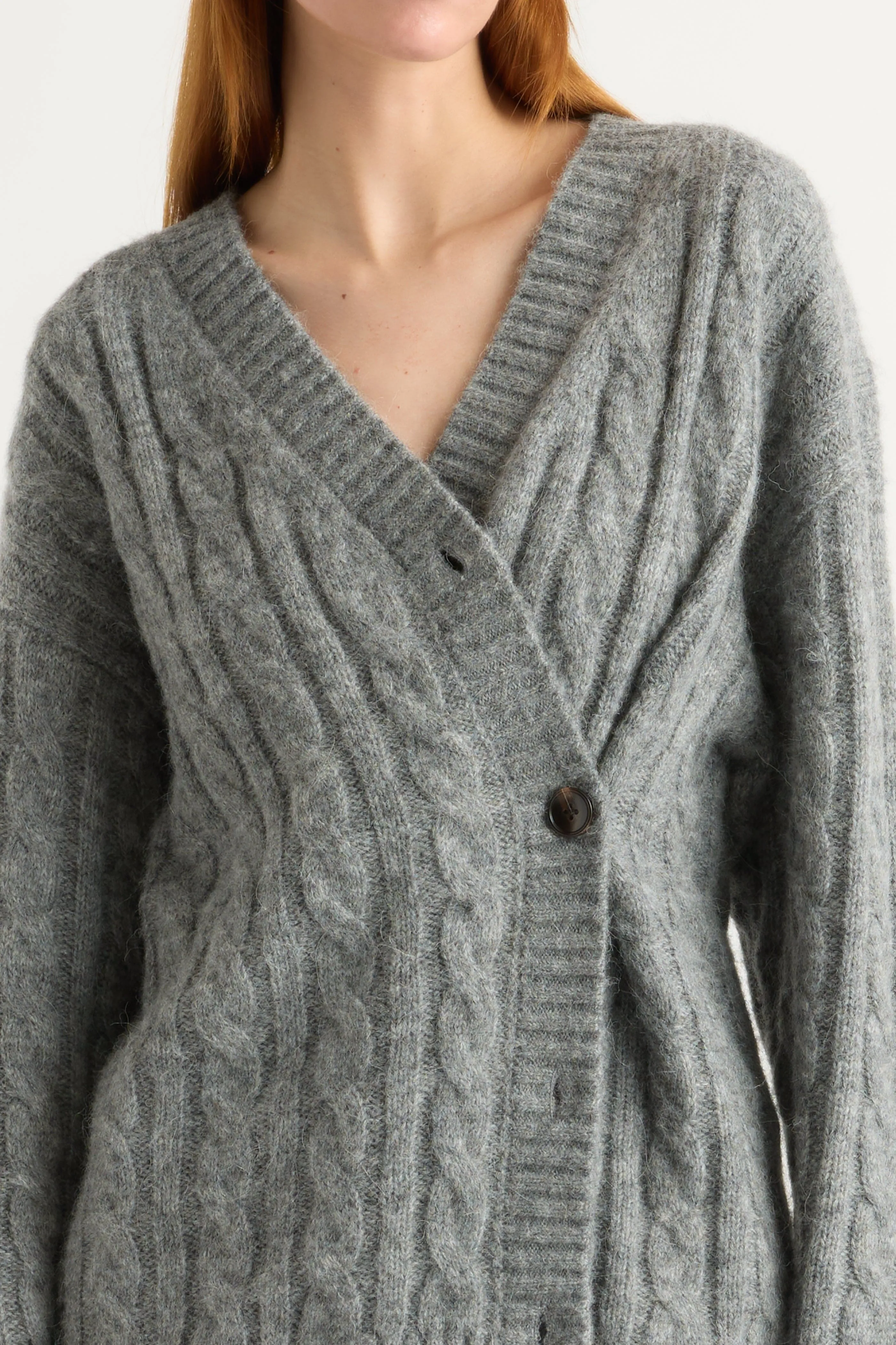 Hikari Asymmetric Cable Knit Cardigan Bias Cut Hem Details Essential Knitwear