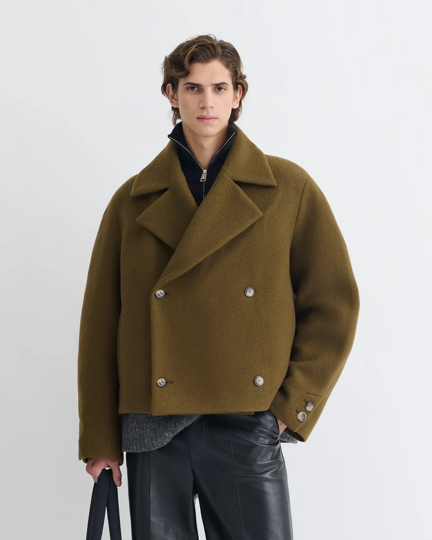 Hiroto - Cropped Felted Wool Peacoat - Wood Low - heat dry
