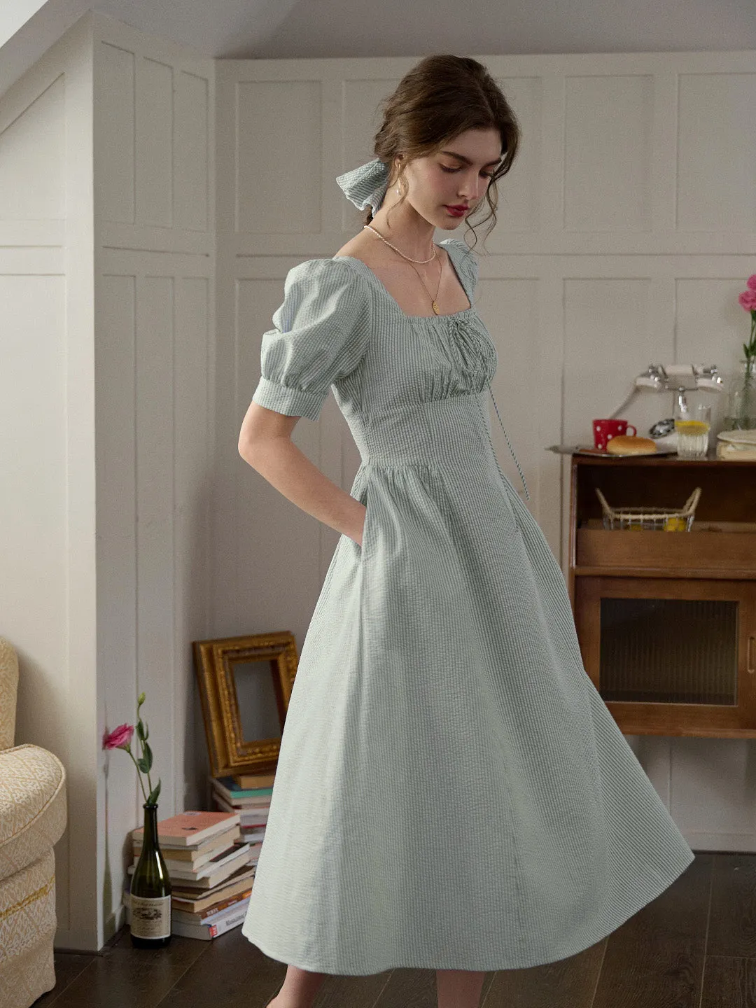 Clean Fit Flower Soft Remi Square Neck Stripe Cotton Dress