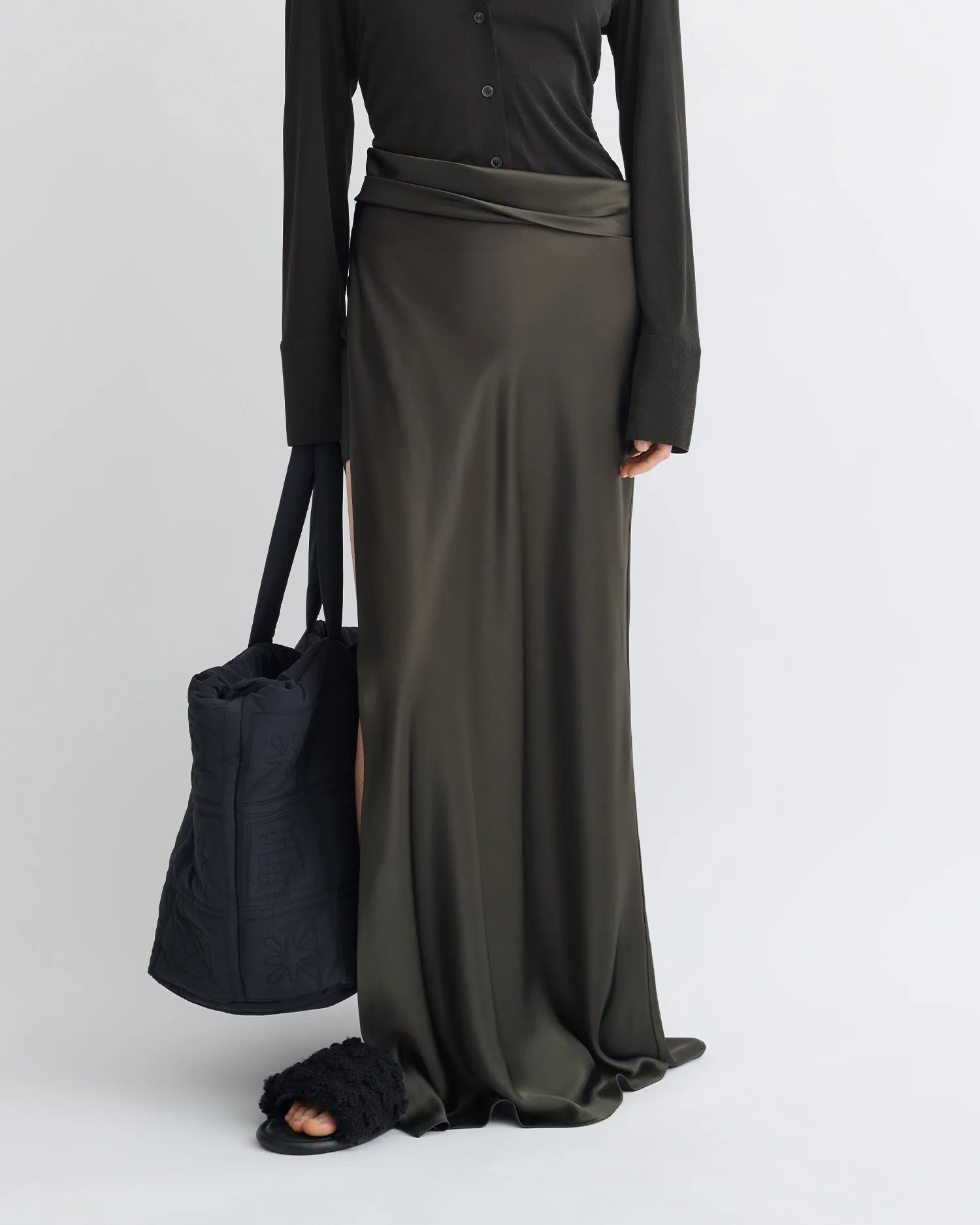 Scylla - Mesh Jersey and Slip Satin Dress - Dark Green/Anthracite Curved Hemline CompactSize