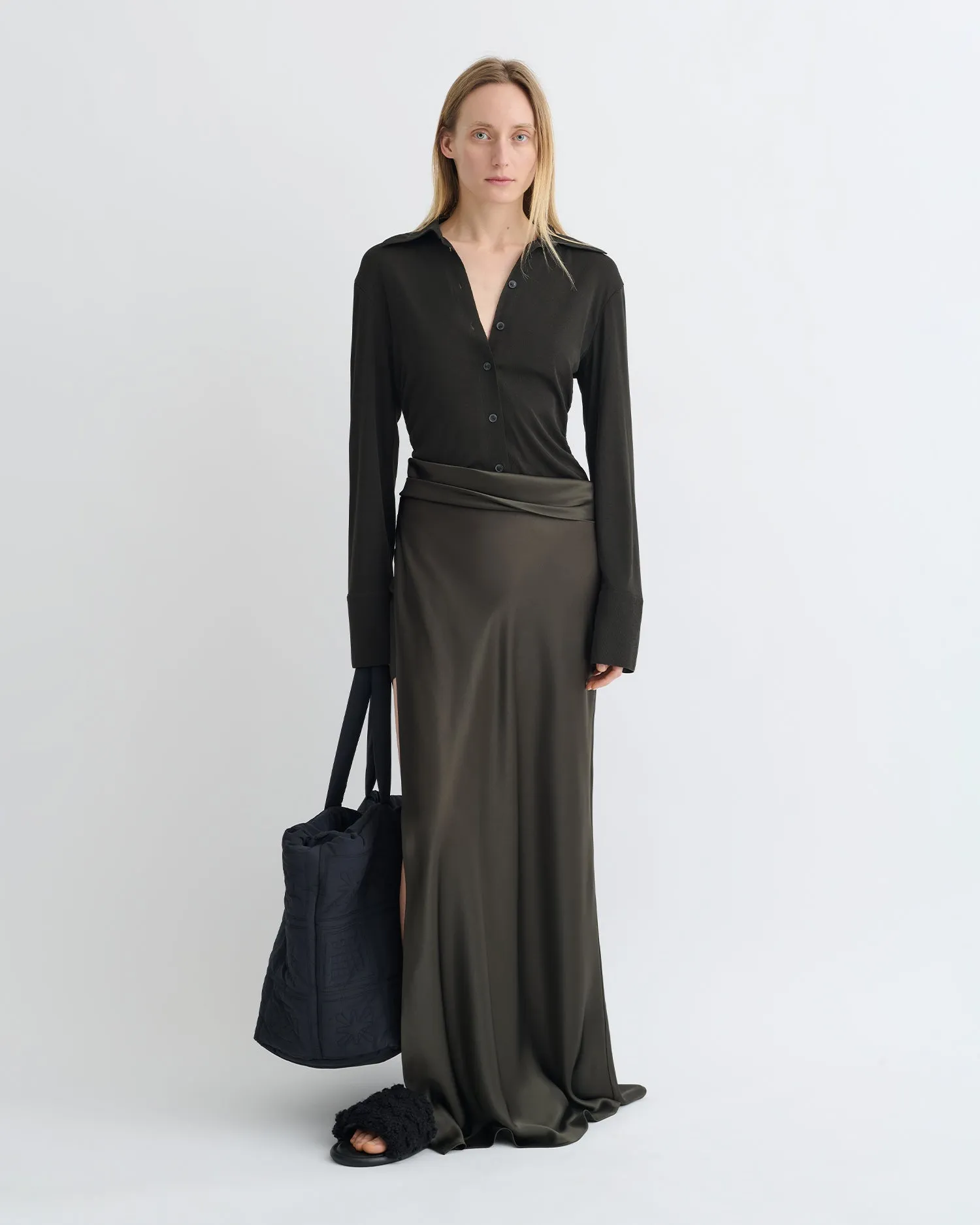 Scylla - Mesh Jersey and Slip Satin Dress - Dark Green/Anthracite LayeredCollar Flatlock Seam Design