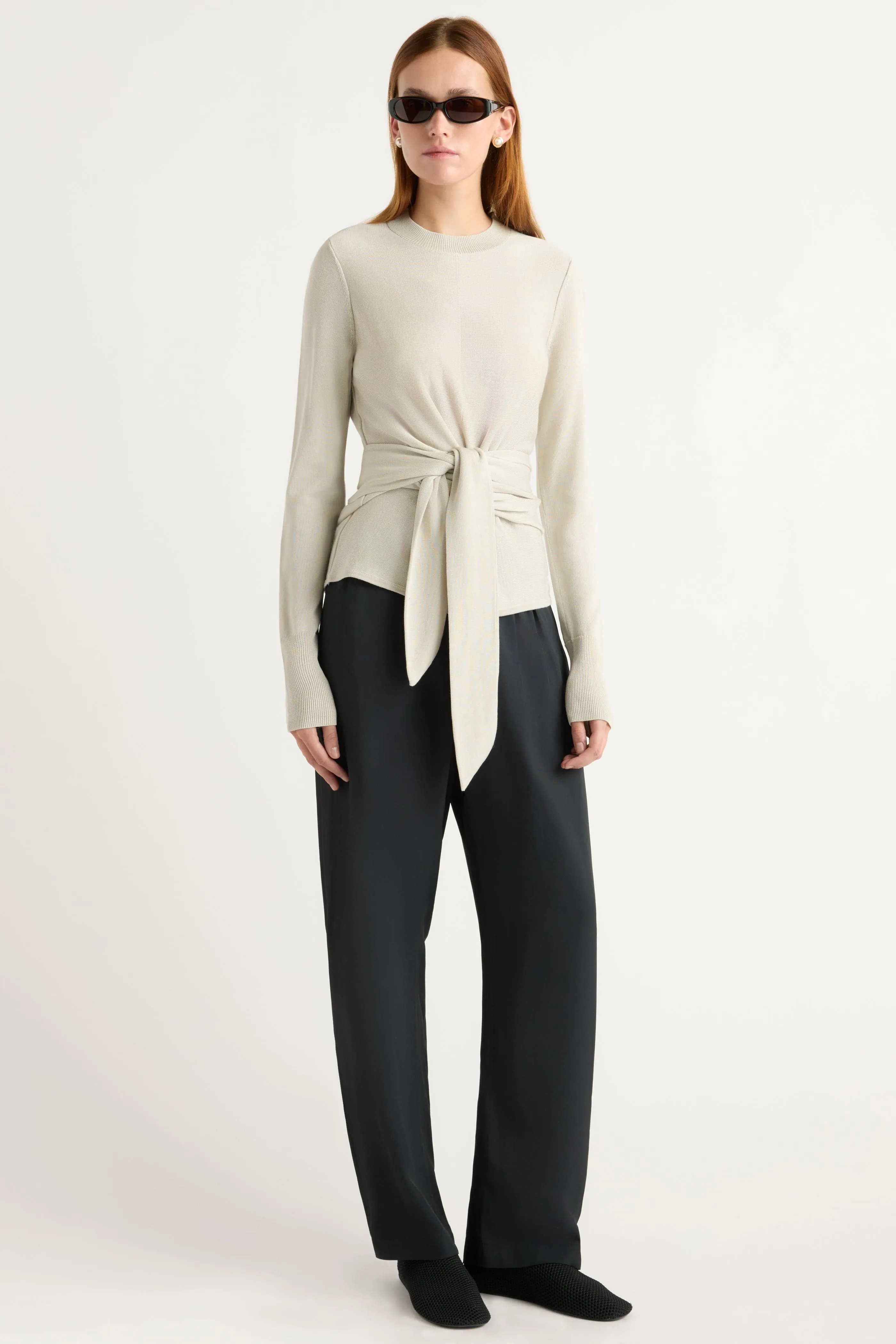 Perfect Layer Snug Fit Knit Robin Tie-Front Tencel-Wool Sweater