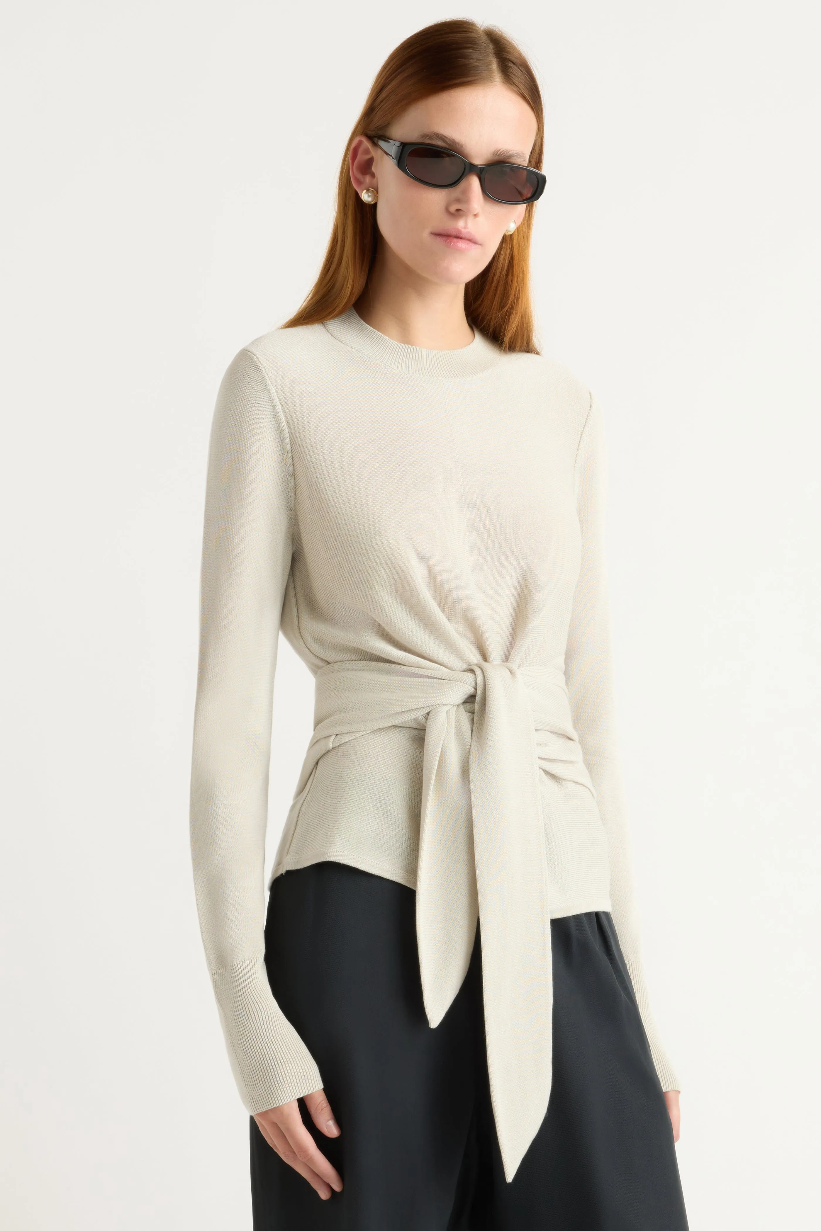 Windproof Weave Robin Tie-Front Tencel-Wool Sweater