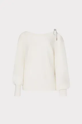 Distressed Texture Ida Crystal Bow Cold Shoulder Sweater