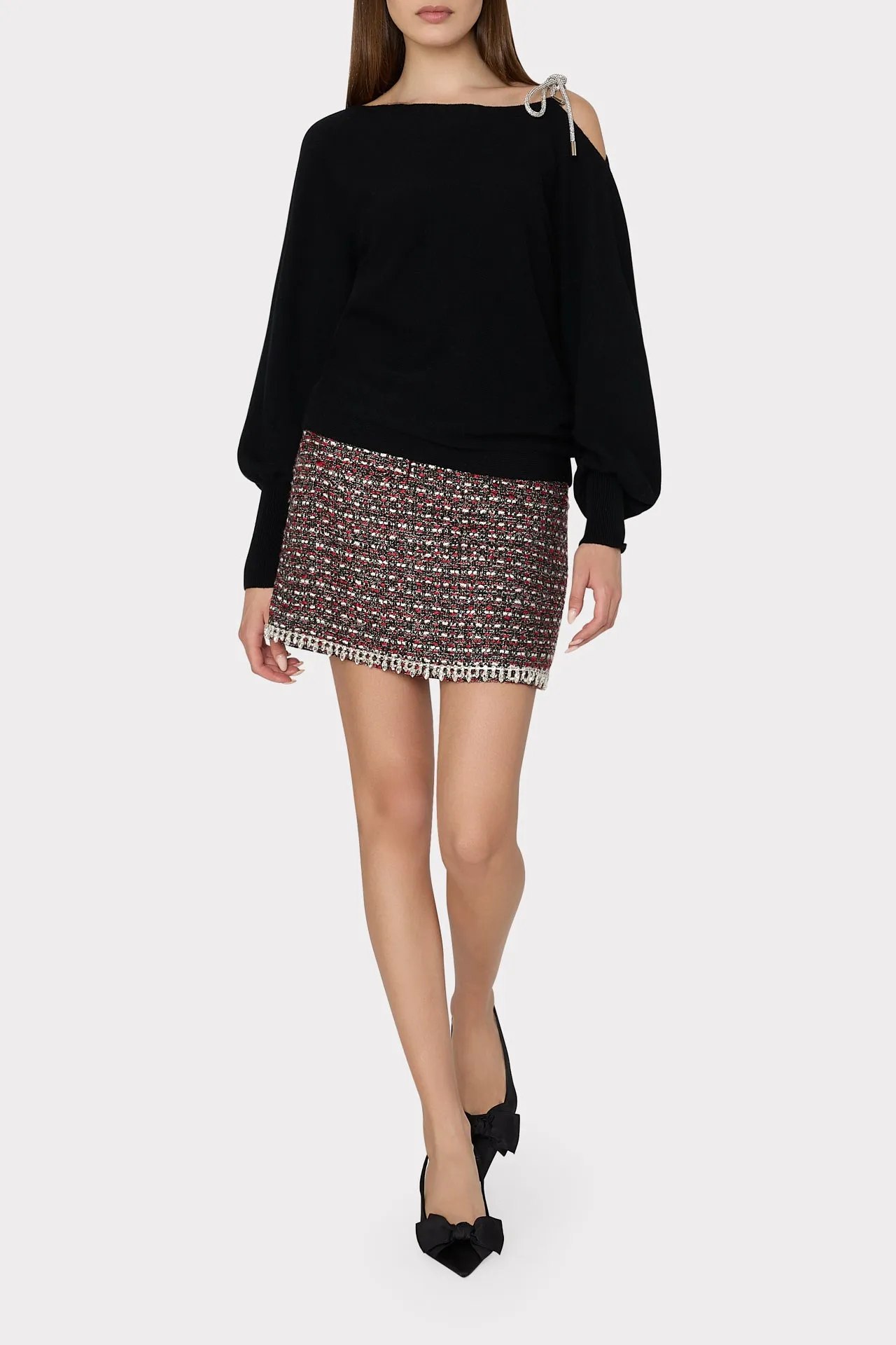 Ida Crystal Bow Cold Shoulder Sweater HiddenStoragePocket