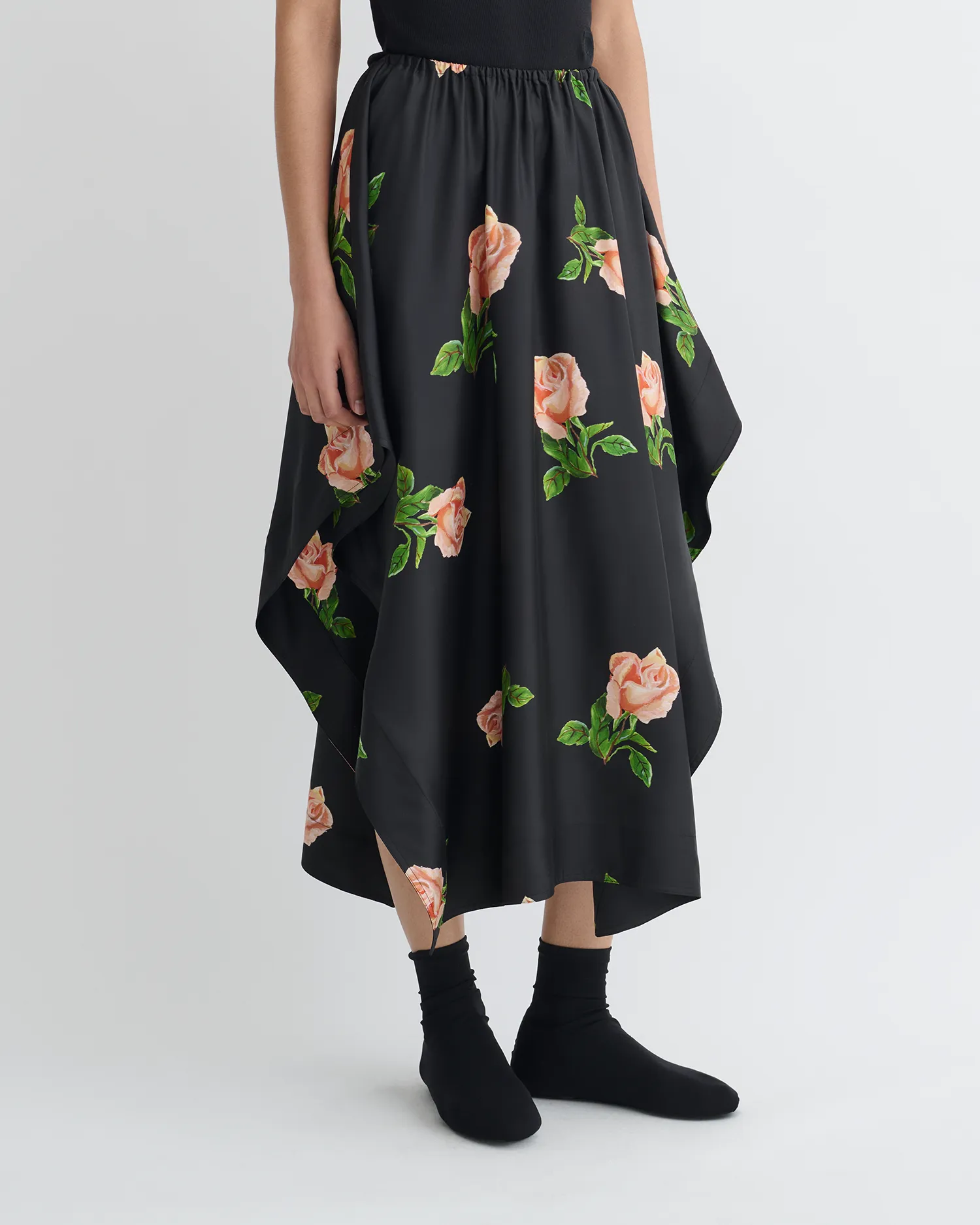 MultiFunctionalDesign Hygroscopic Inner Layer Ilariah - Printed Silk Twill Midi Skirt - Off Black/Roses