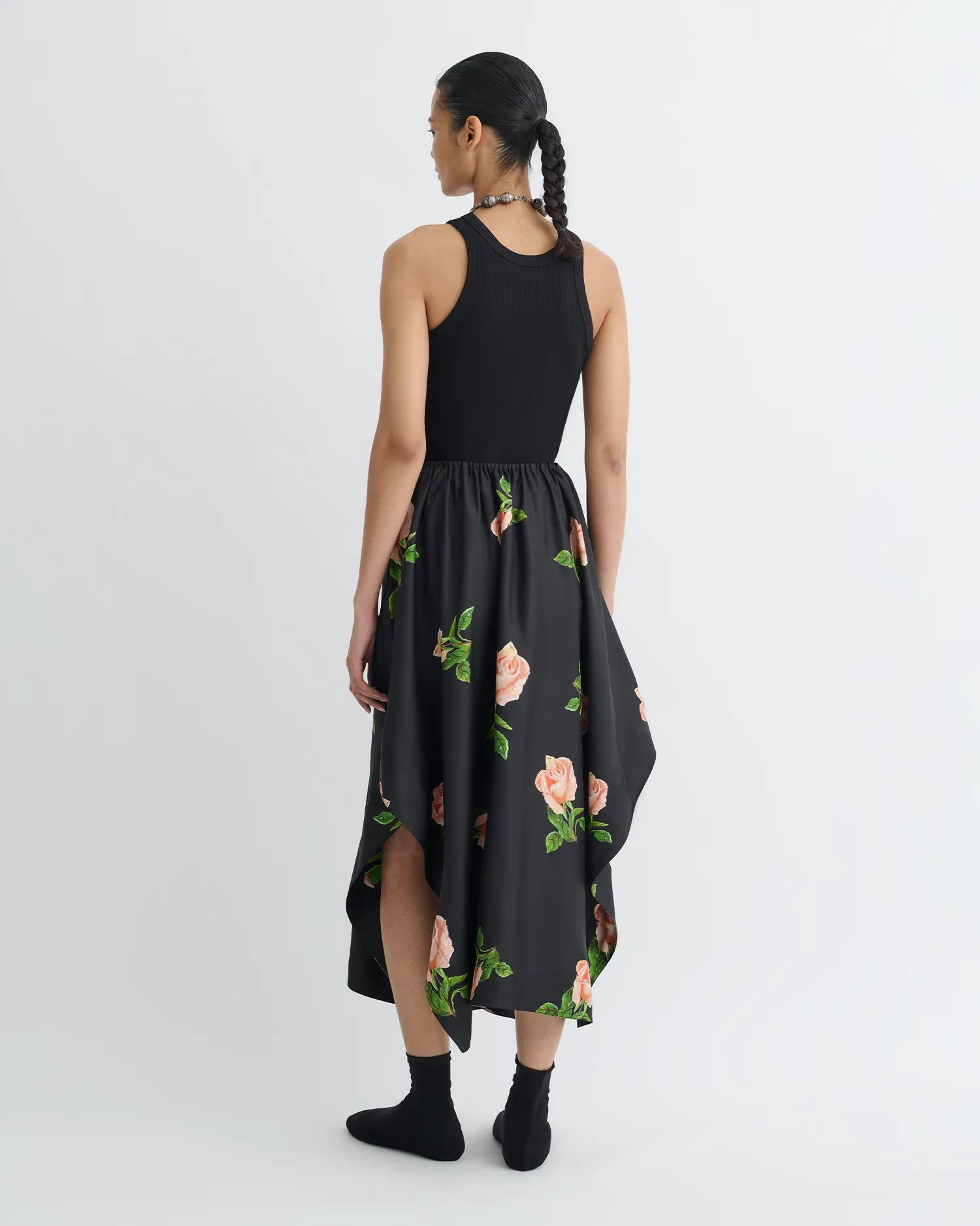 Garment Washed Softness Ilariah - Printed Silk Twill Midi Skirt - Off Black/Roses