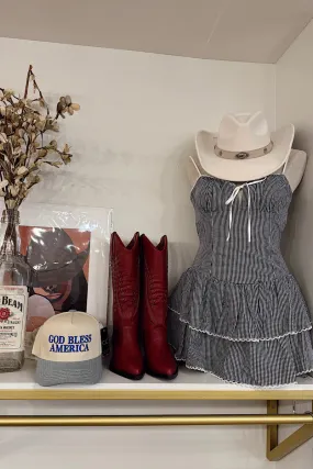 Indigo Gingham Mini Dress ButtonDownCollar Wrinkle Resistant Texture