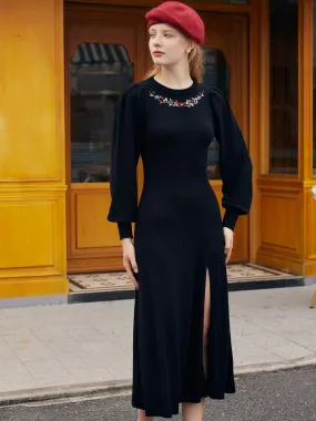 NonChafeSeams Lily Floral Embroidery Back hollow Split Sweater Dress