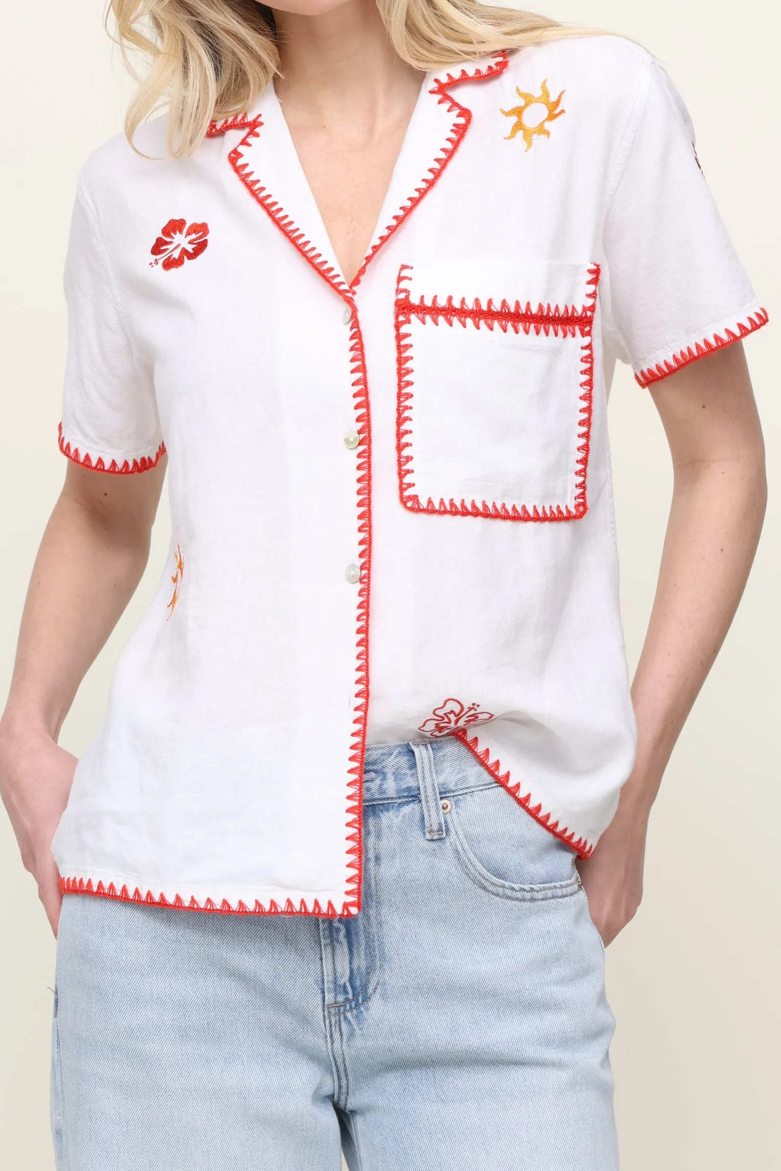 Cool and Breezy Button Down Collar Island Embroidered Button Down