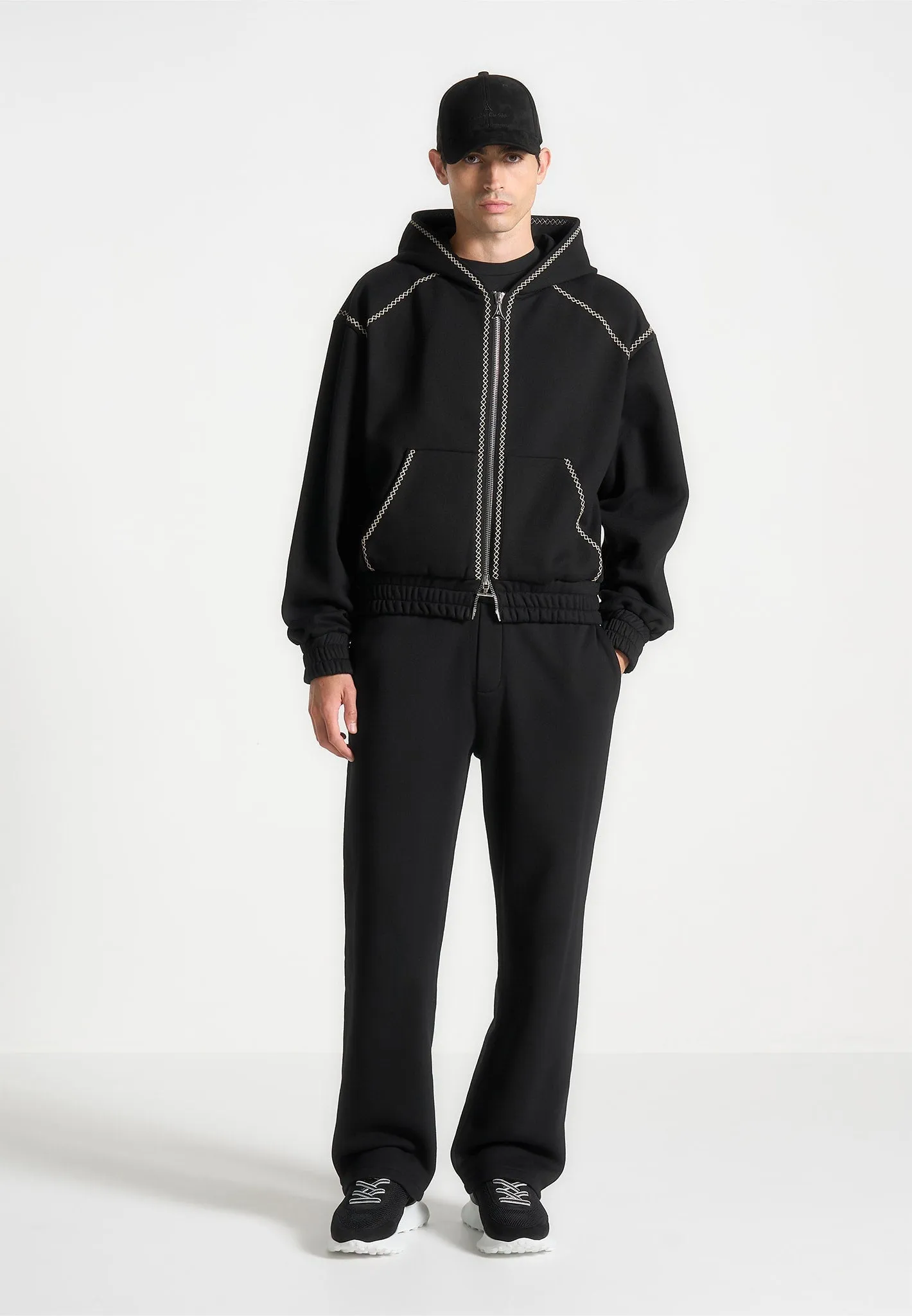 Flatlock Stitching Technique Ivan - Whipstitch Raglan Effect Zip Hoodie - Black