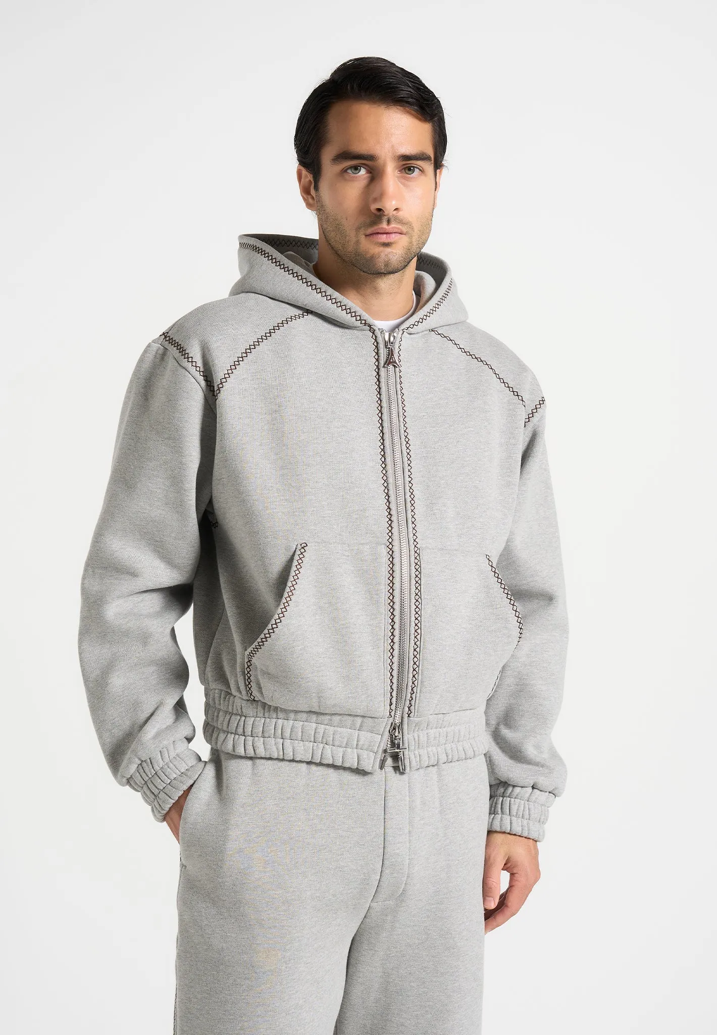 FlexibleCollar Ivan - Whipstitch Raglan Effect Zip Hoodie - Light Grey