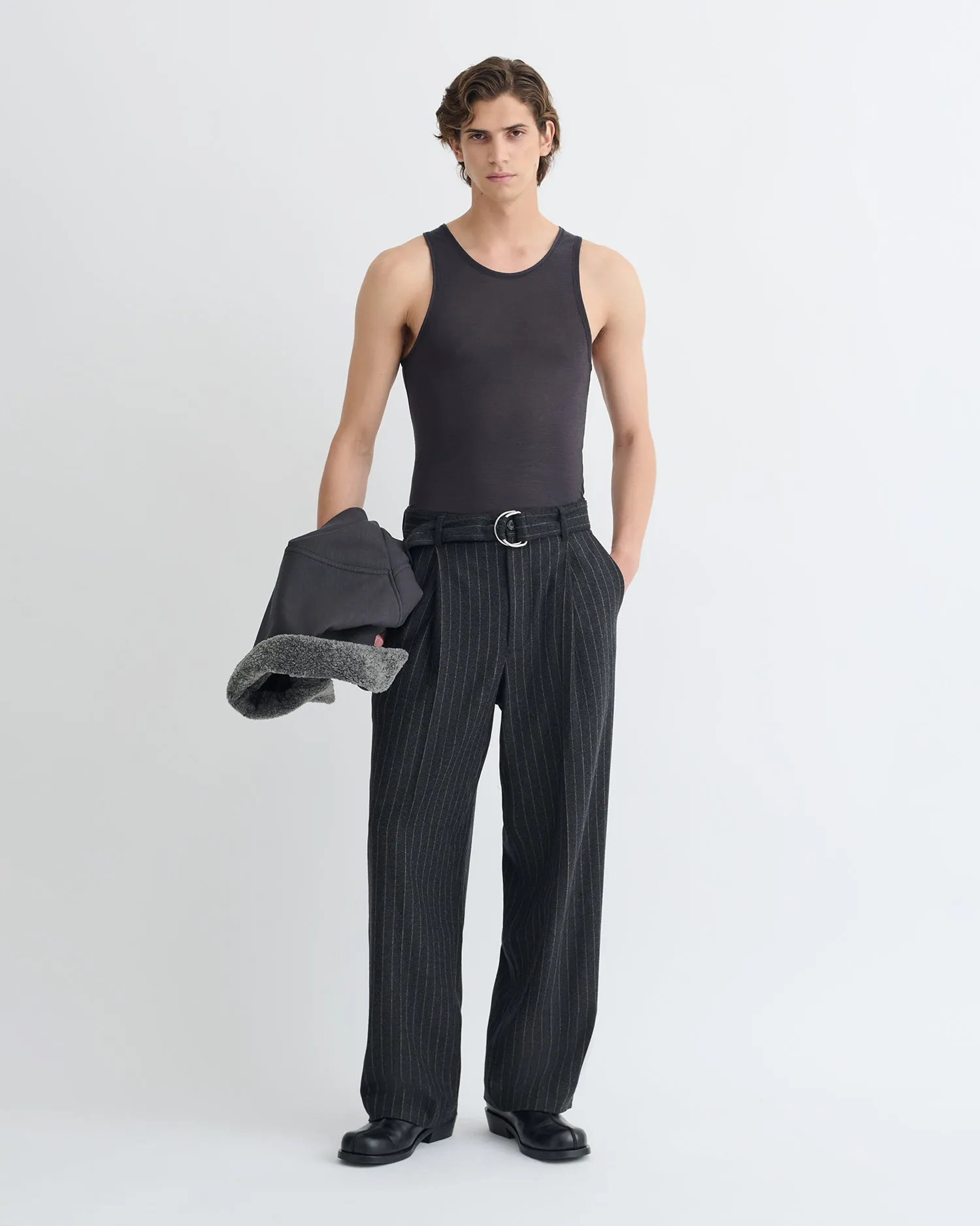 Wide Shoulder Cut Hidden Storage Pockets Jahi - Melange Wool Jersey Tank Top - Grey Melange