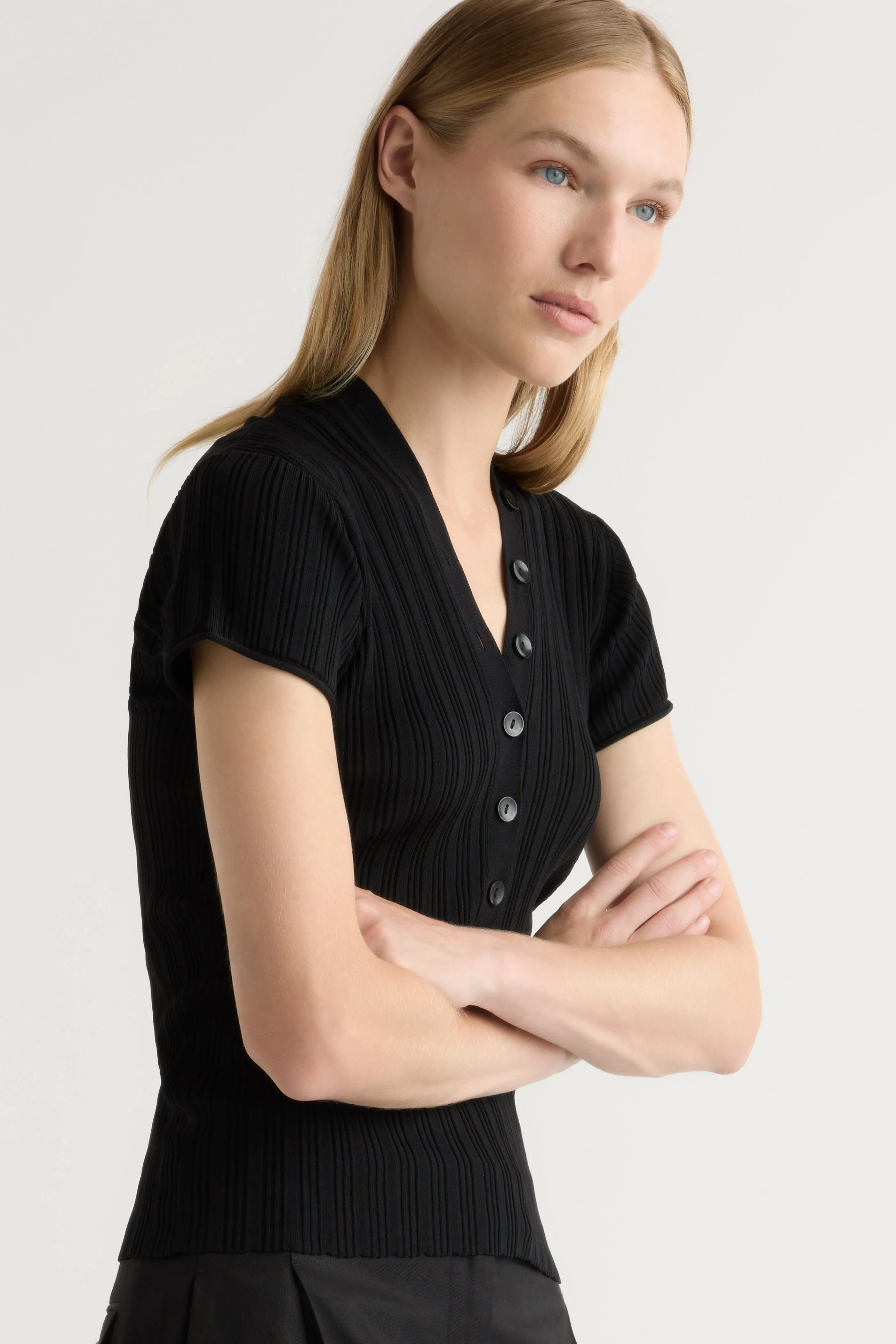 Quick Dry Material Jeni Button V-Neck Sweater Top