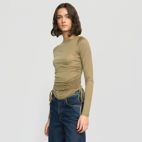 Subtle Texture Weave Joan Tencel Ruched-Side Semi-Sheer Tee