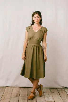 Joy dress in Olive Raw Silk Feminine fit-and-flare silhouette