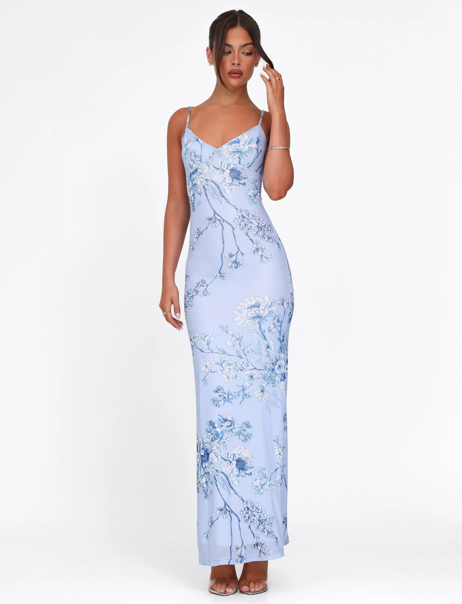 JULIANNA DRESS - BLUE : FLORAL : CERAMIC FLORAL Shared Glow Evening Motion