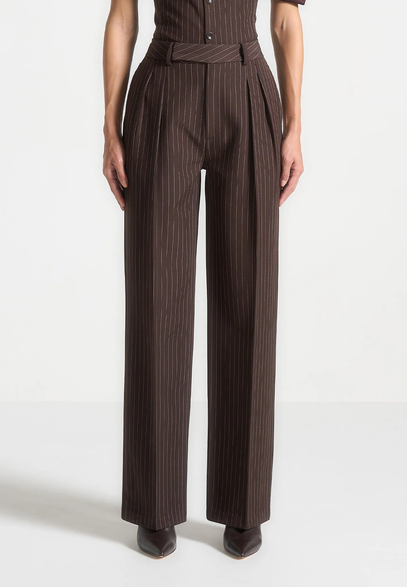Sharp Fit Wear Polished Appearance Julie - Pinstripe Twin Pleat Tailored Trousers - Brown