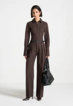 Julie - Pinstripe Twin Pleat Tailored Trousers - Brown Refined Layers