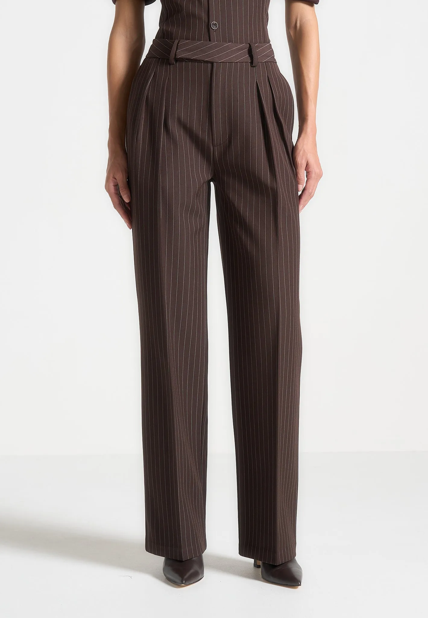 Julie - Pinstripe Twin Pleat Tailored Trousers - Brown Casual Professional