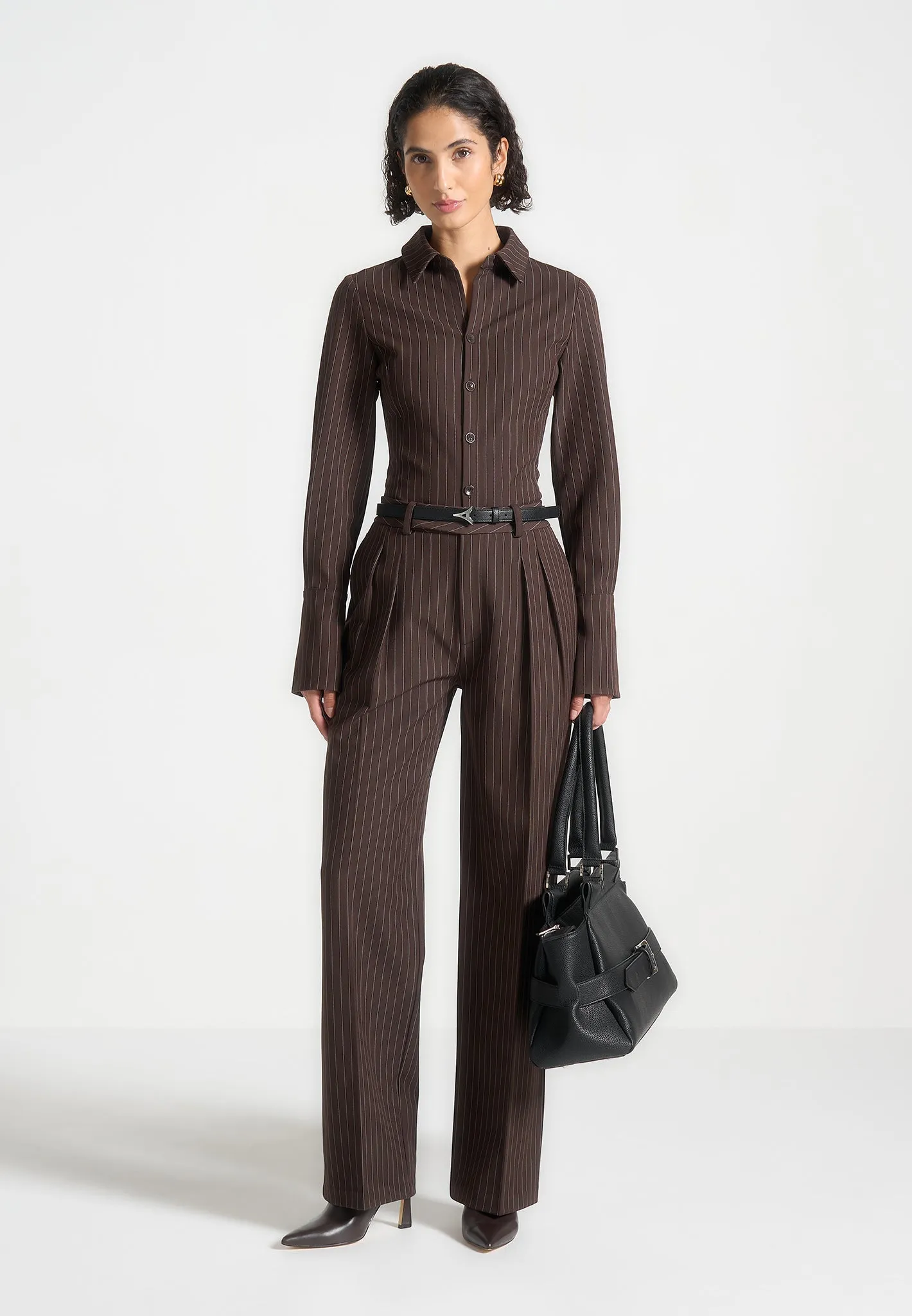 Convertible Cuff Mechanism Flattering Business Wear Julie - Pinstripe Twin Pleat Tailored Trousers - Brown
