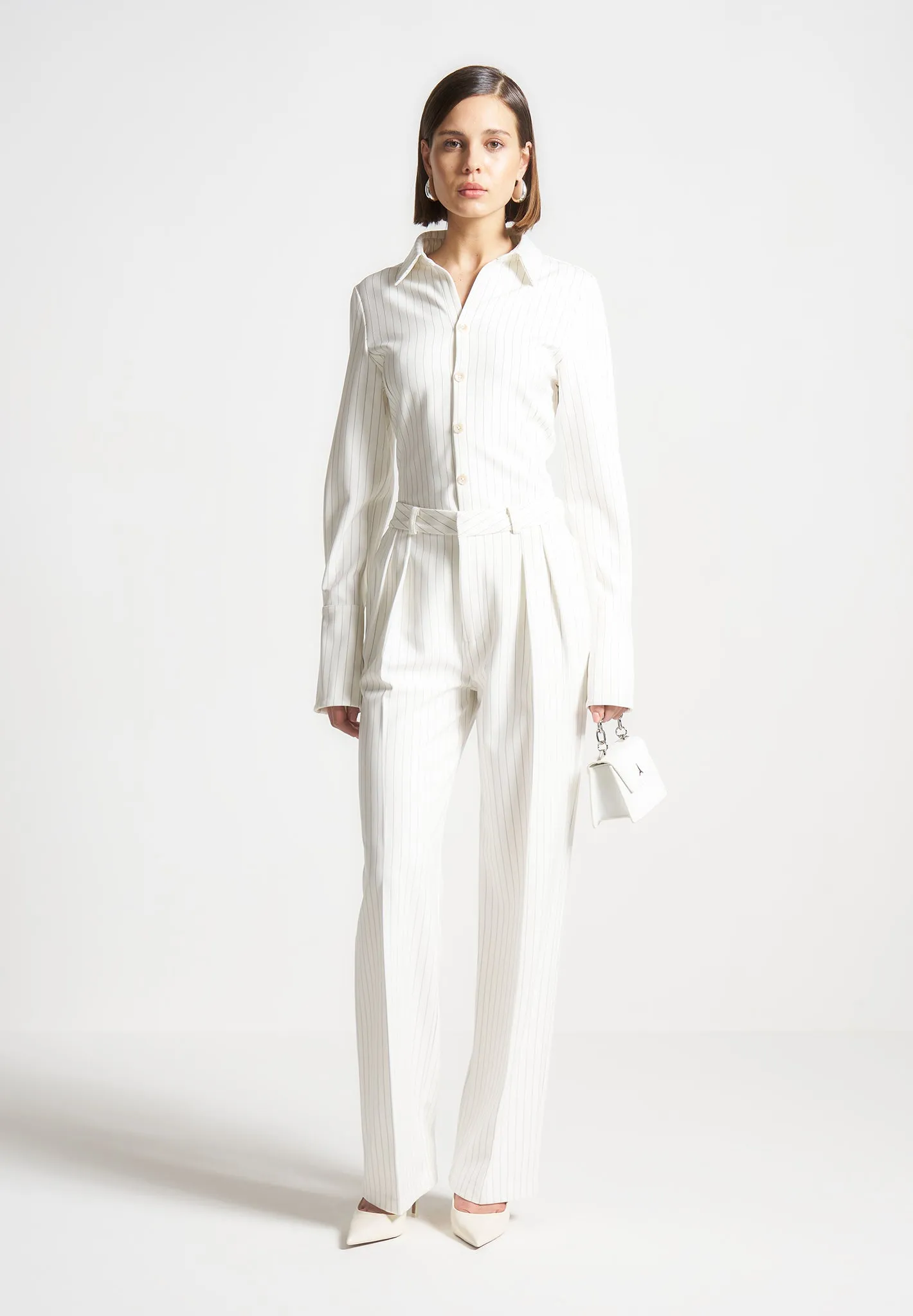 All-Day Comfort Wear Casual office wear Julie - Pinstripe Twin Pleat Tailored Trousers - White