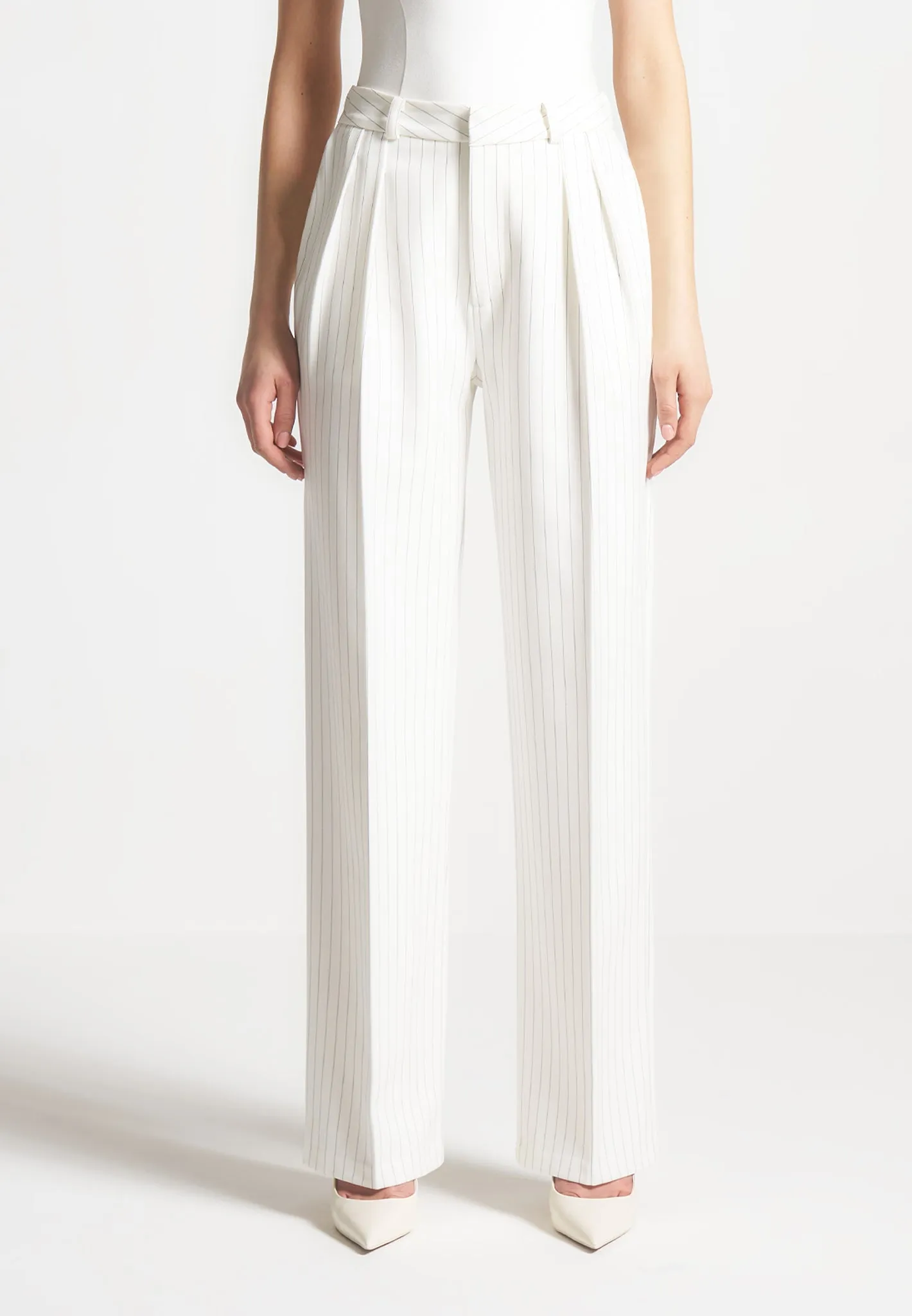 Luxury Layering Dapper Business Look Julie - Pinstripe Twin Pleat Tailored Trousers - White