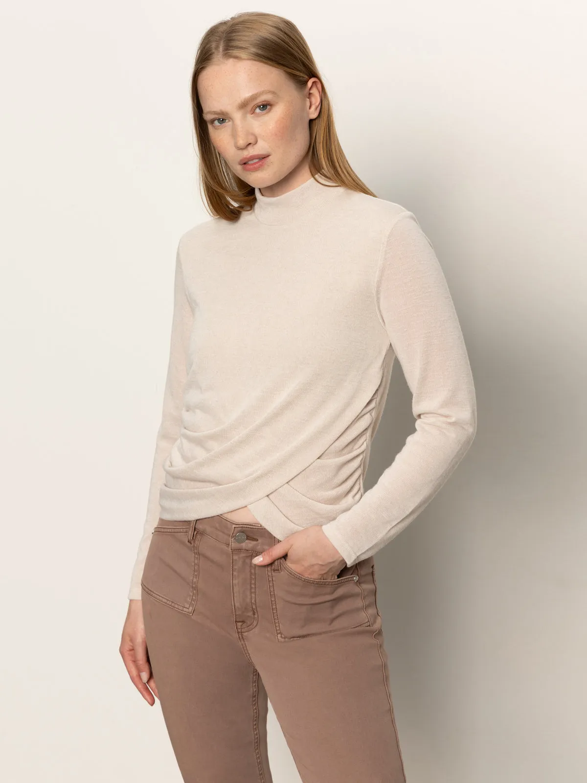 Long Sleeve Draped Mock Neck Top Mother Of Pearl Moisture Management Fabric SeamFreeShoulders