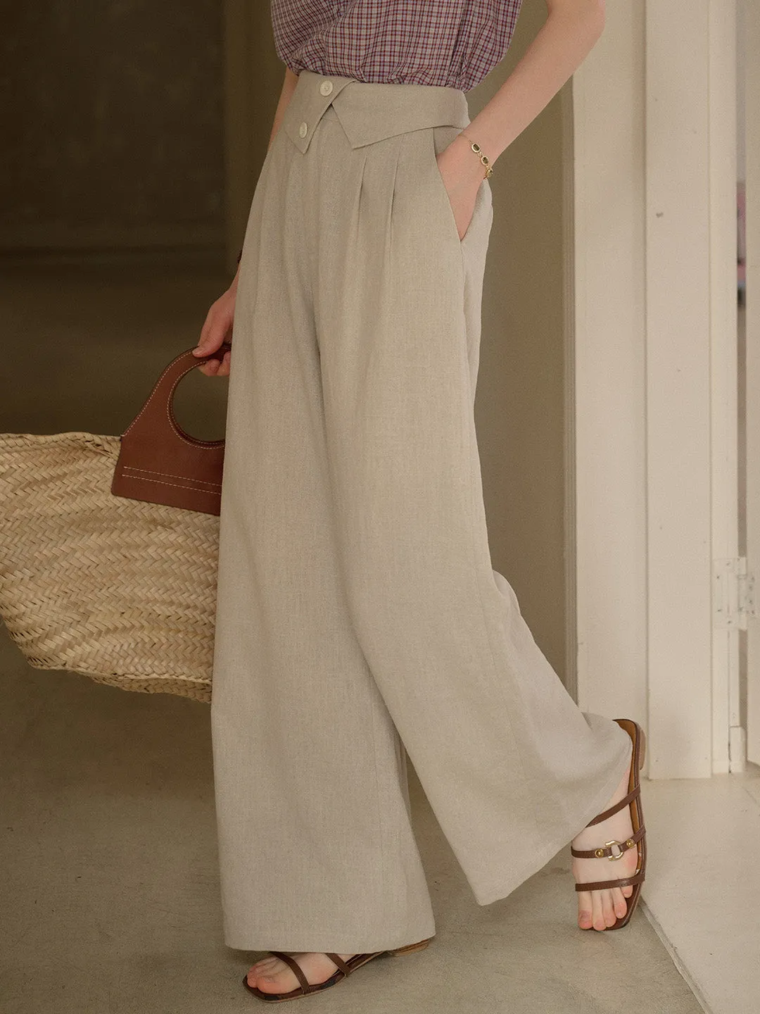 Khloe Fold-over 100% Ramie Trousers Stylish Casual Evening Stroll