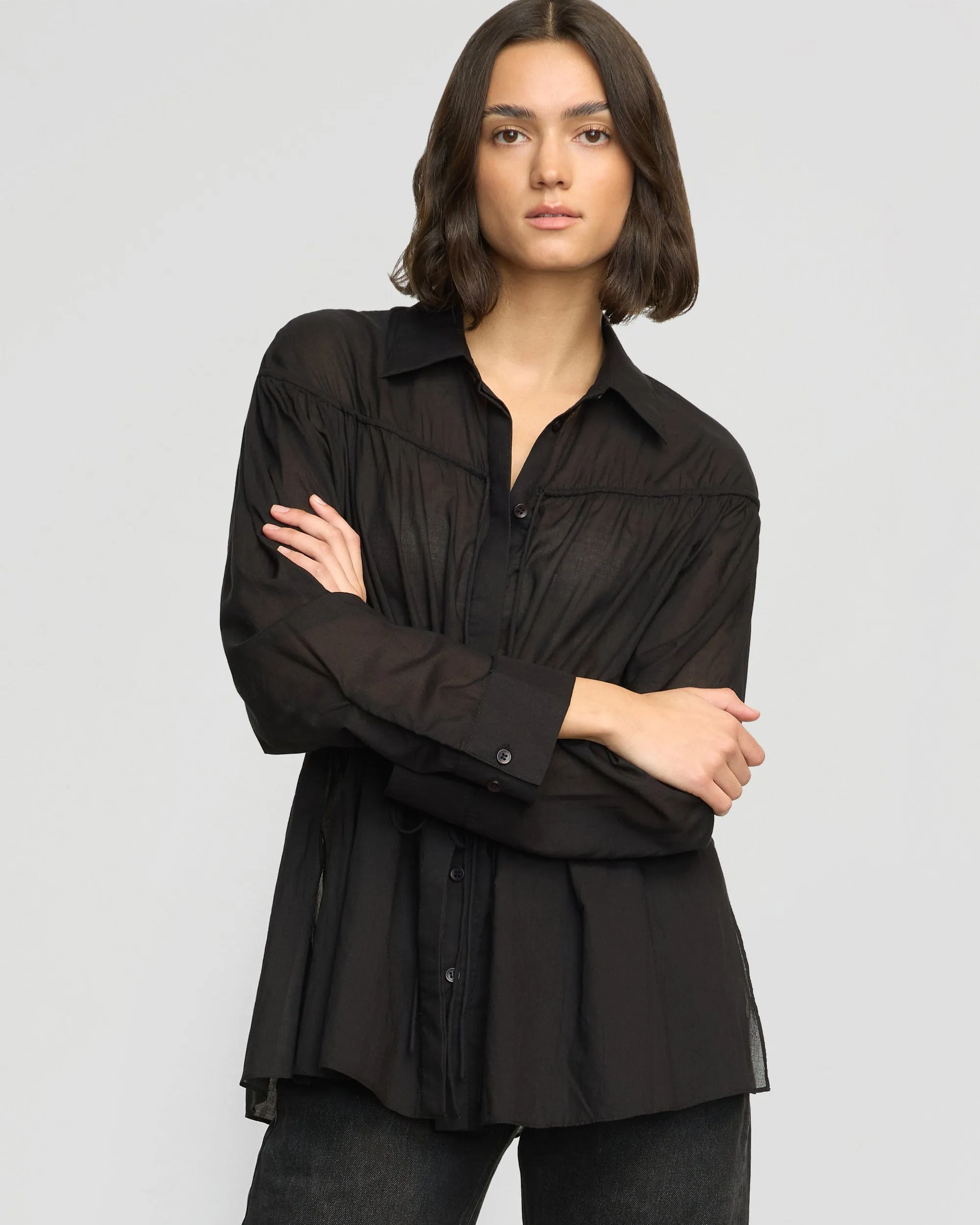 Reflective accents Active Tee Kia Tie-Front Cotton-Silk Tunic Blouse
