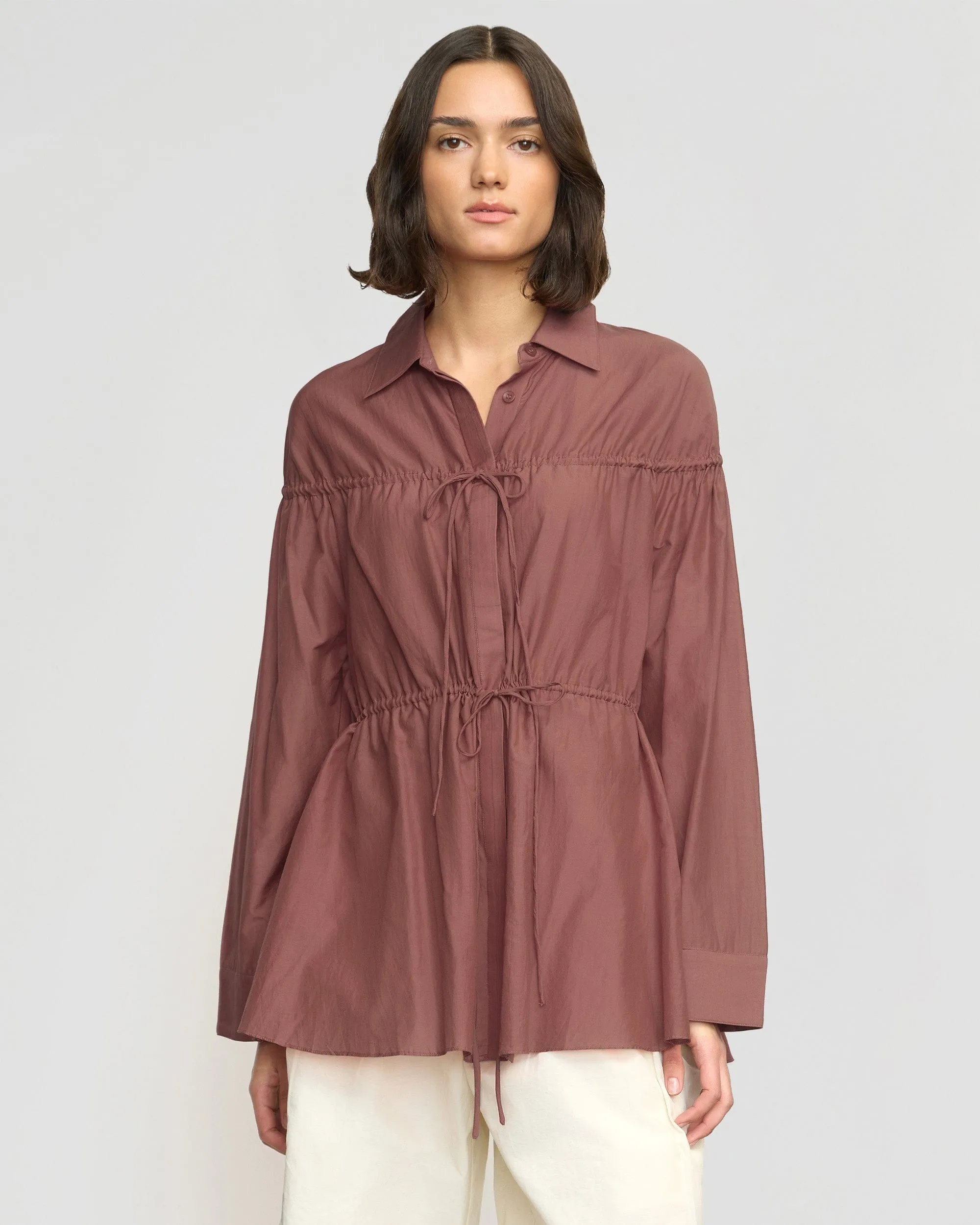 Kia Tie-Front Cotton-Silk Tunic Blouse Multi Panel Design HighDensity Weave