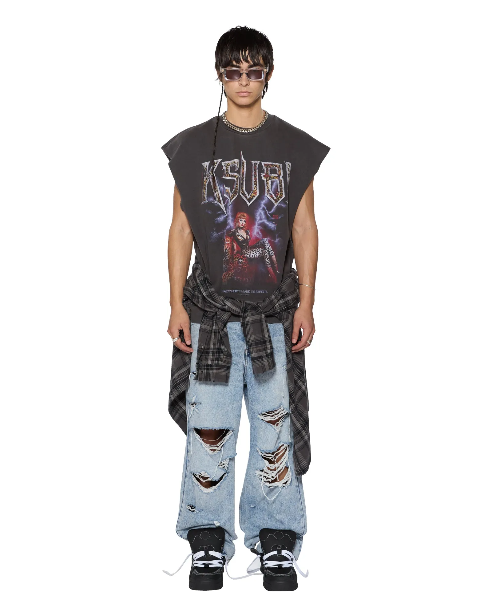 KINGDOM SLASH CREW FADED BLACK Drop Shoulder Design DoubleStitched Hem