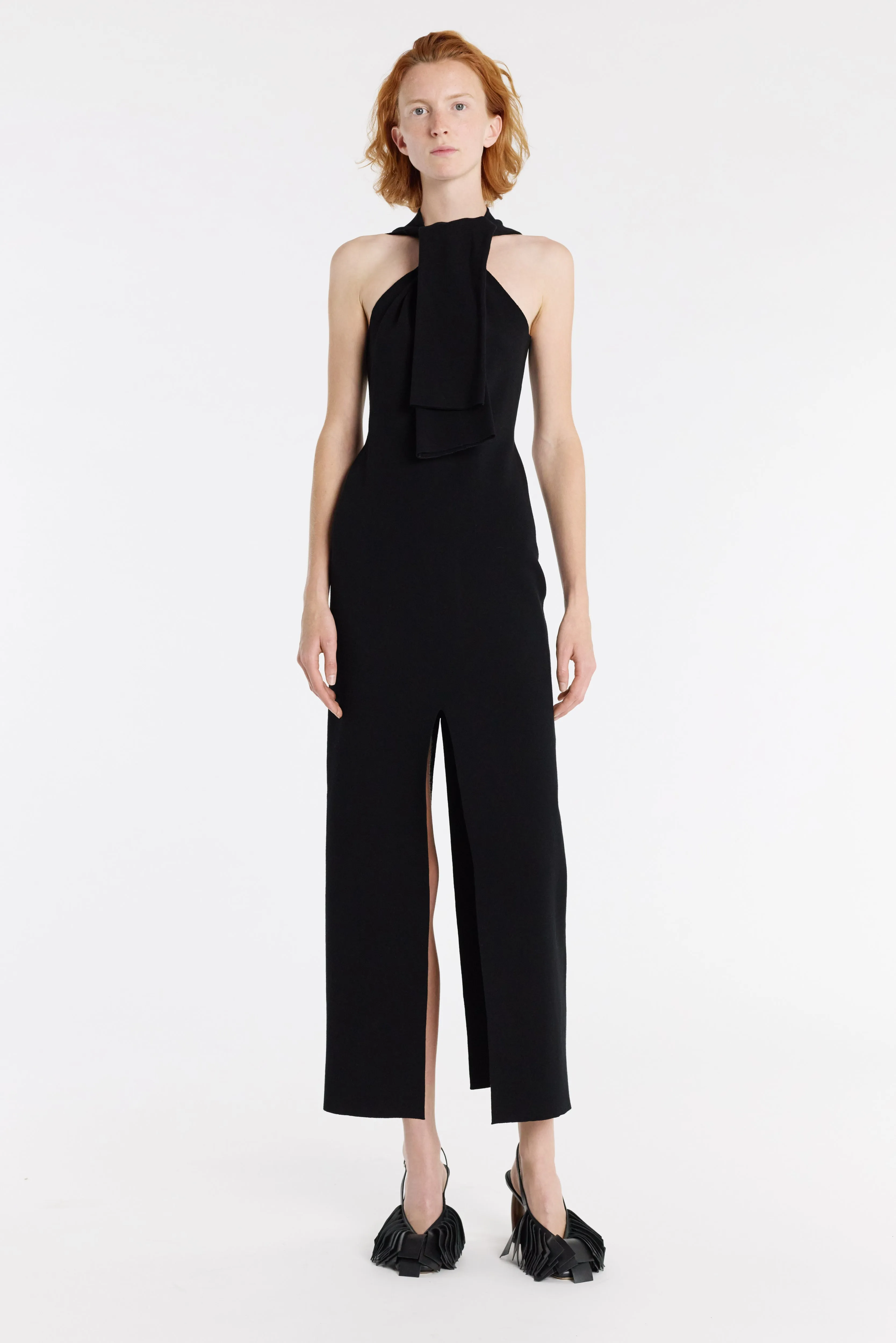 Knit Dress With Neck Tie Black All Day Contrast Trim Accent