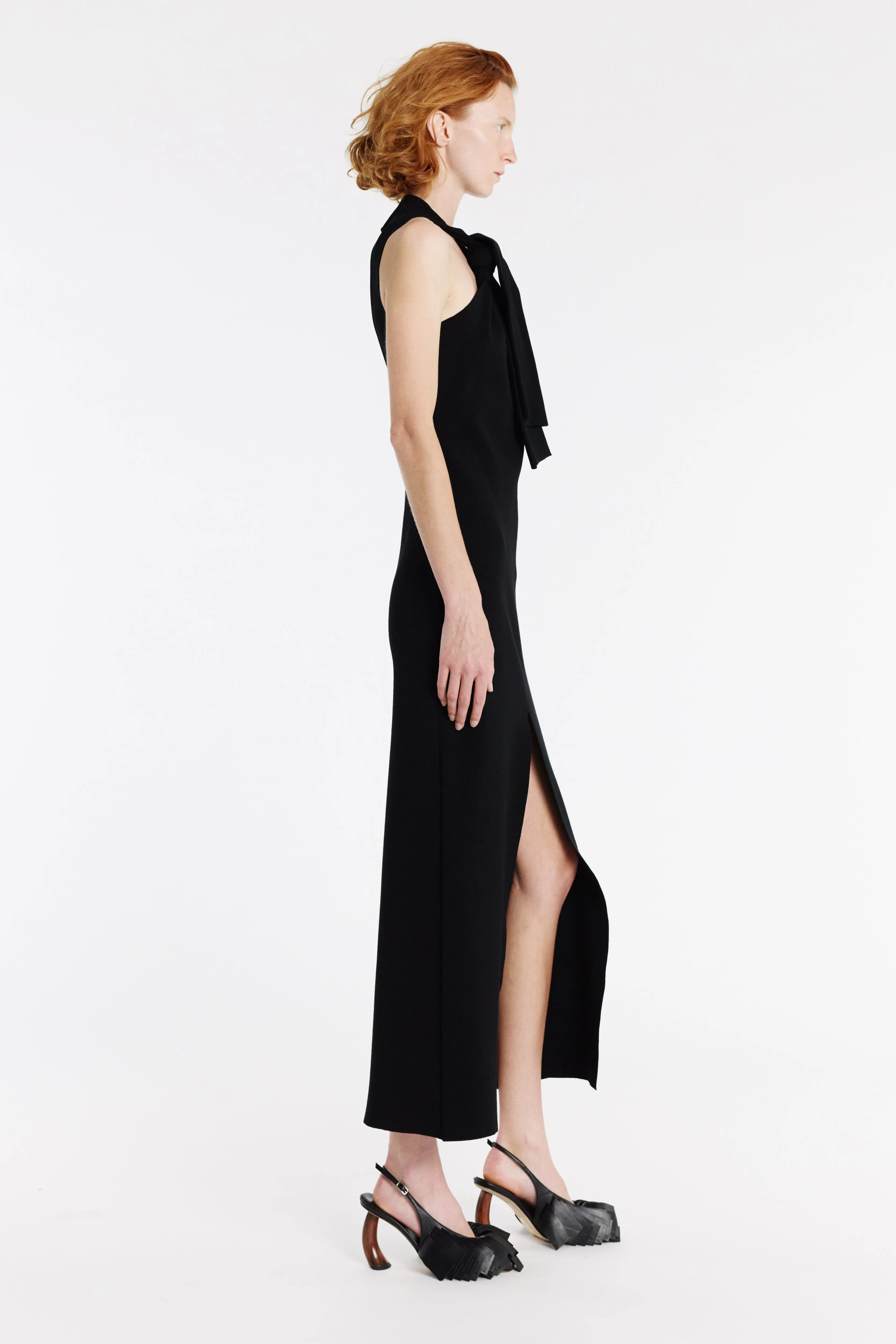 Comfortable fit dress for all body types Knit Dress With Neck Tie Black