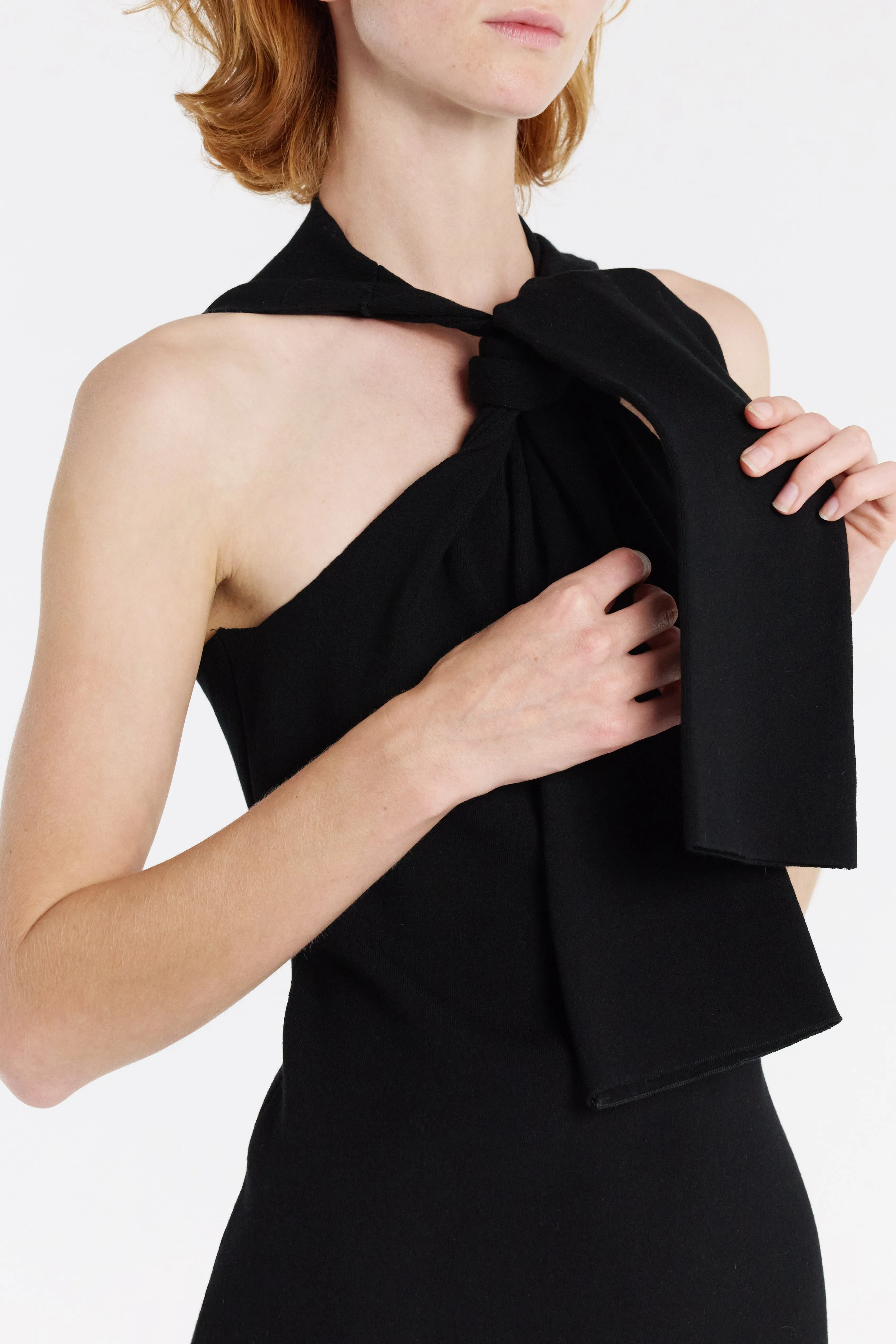 FrictionResistant Sleeves Knit Dress With Neck Tie Black