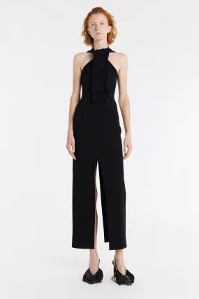 Knit Dress With Neck Tie Black Casual Mode Silky Layer