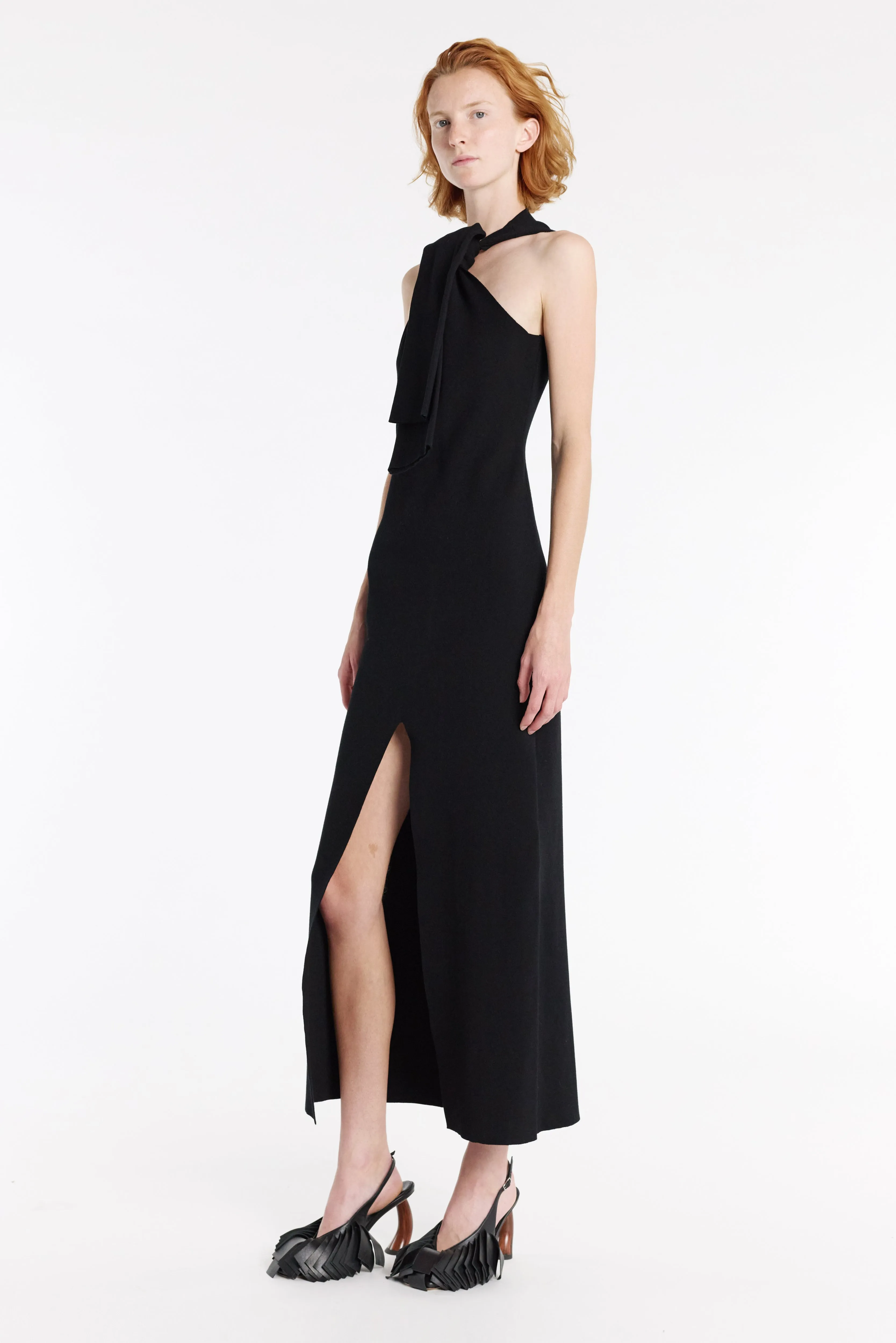 Knit Dress With Neck Tie Black Urban Casual Look Oversized Fit