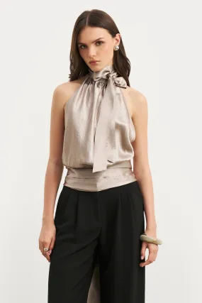 EasyCare Fabric AntiPilling Surface Crushed Satin Backless Halterneck Top - Pebble