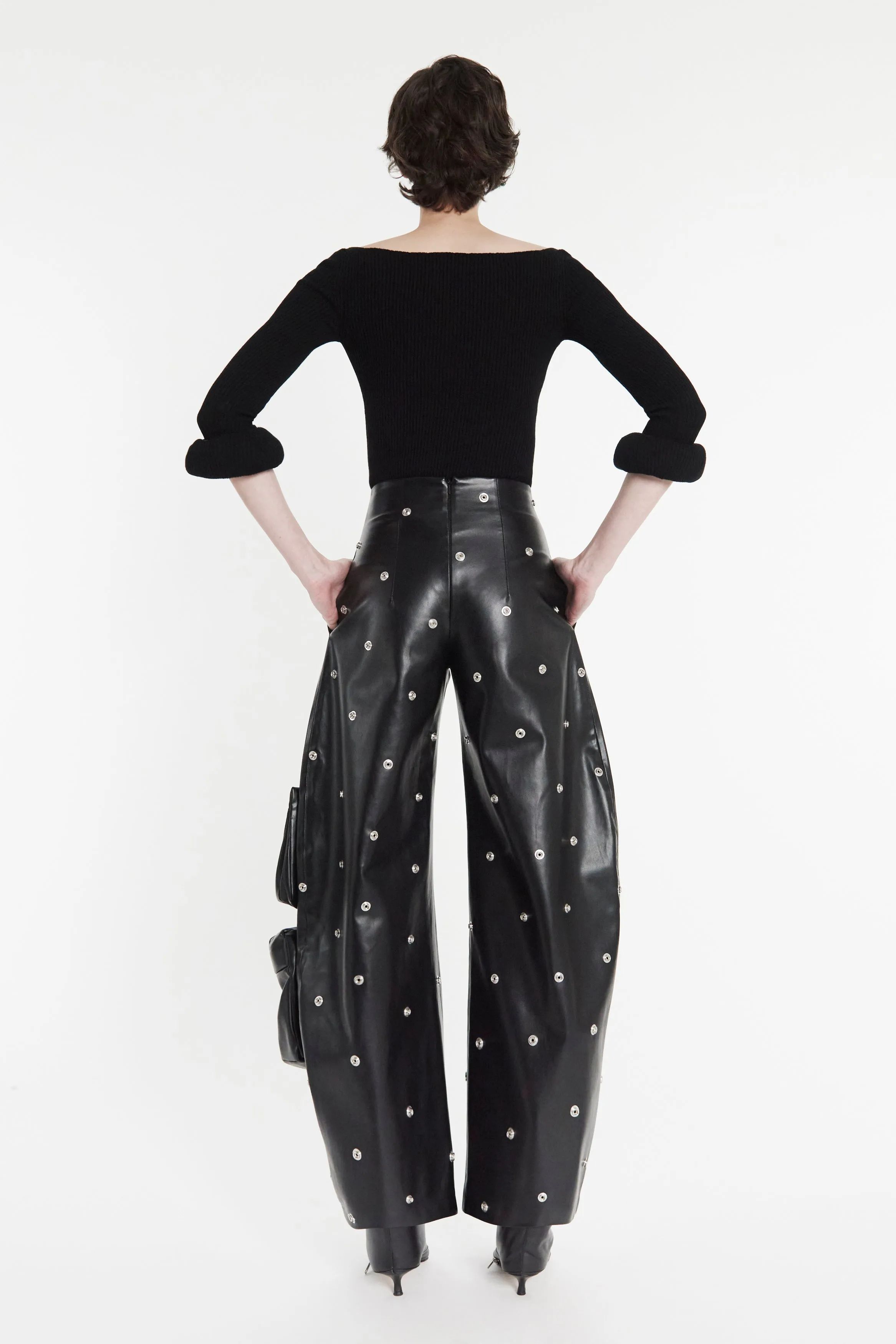 EcoFriendly Dye Knit Top With Square Decollete And Doughnut Sleeves Black