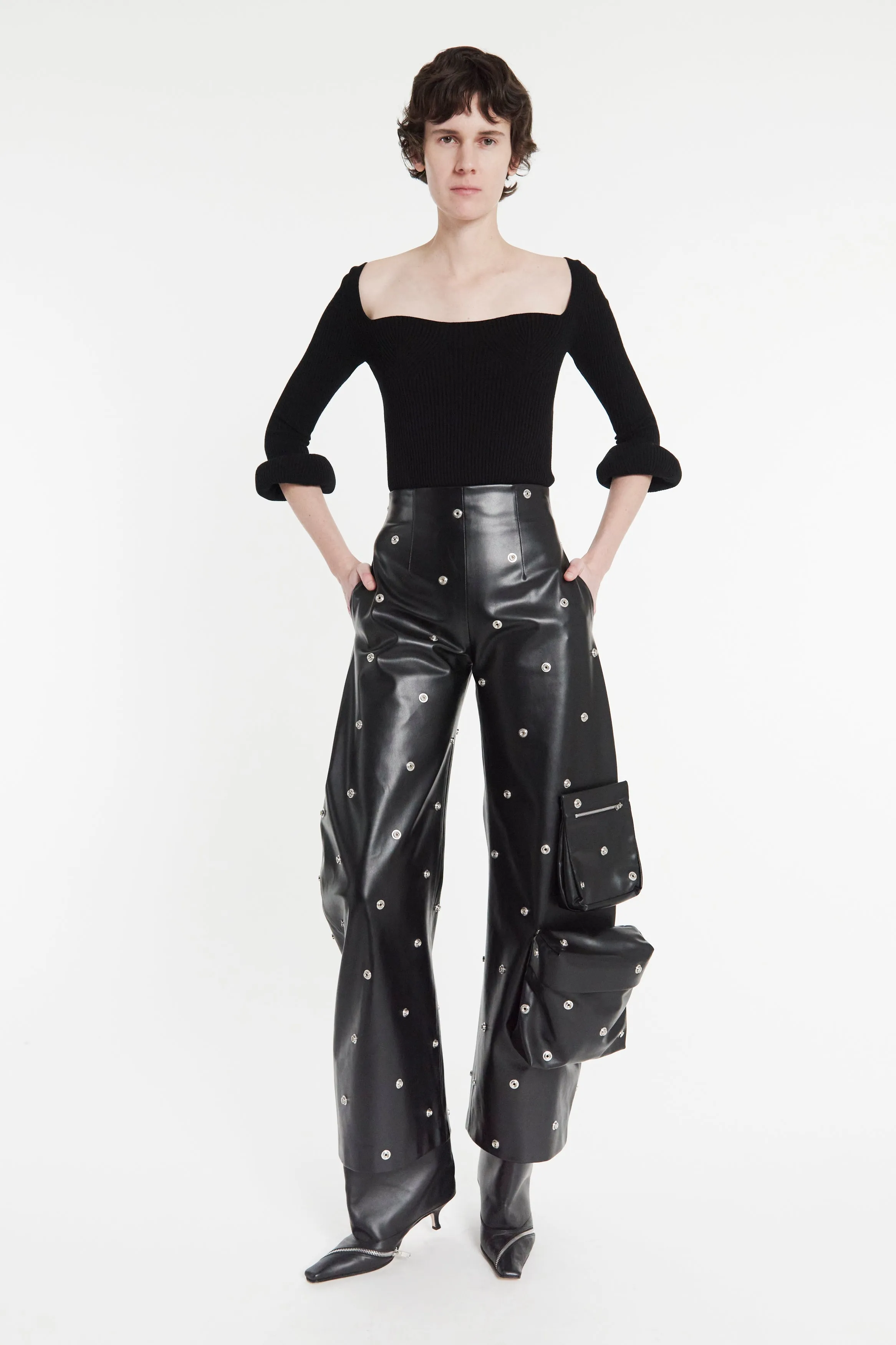 Knit Top With Square Decollete And Doughnut Sleeves Black MoistureWicking Textured Weave Indoor Layer