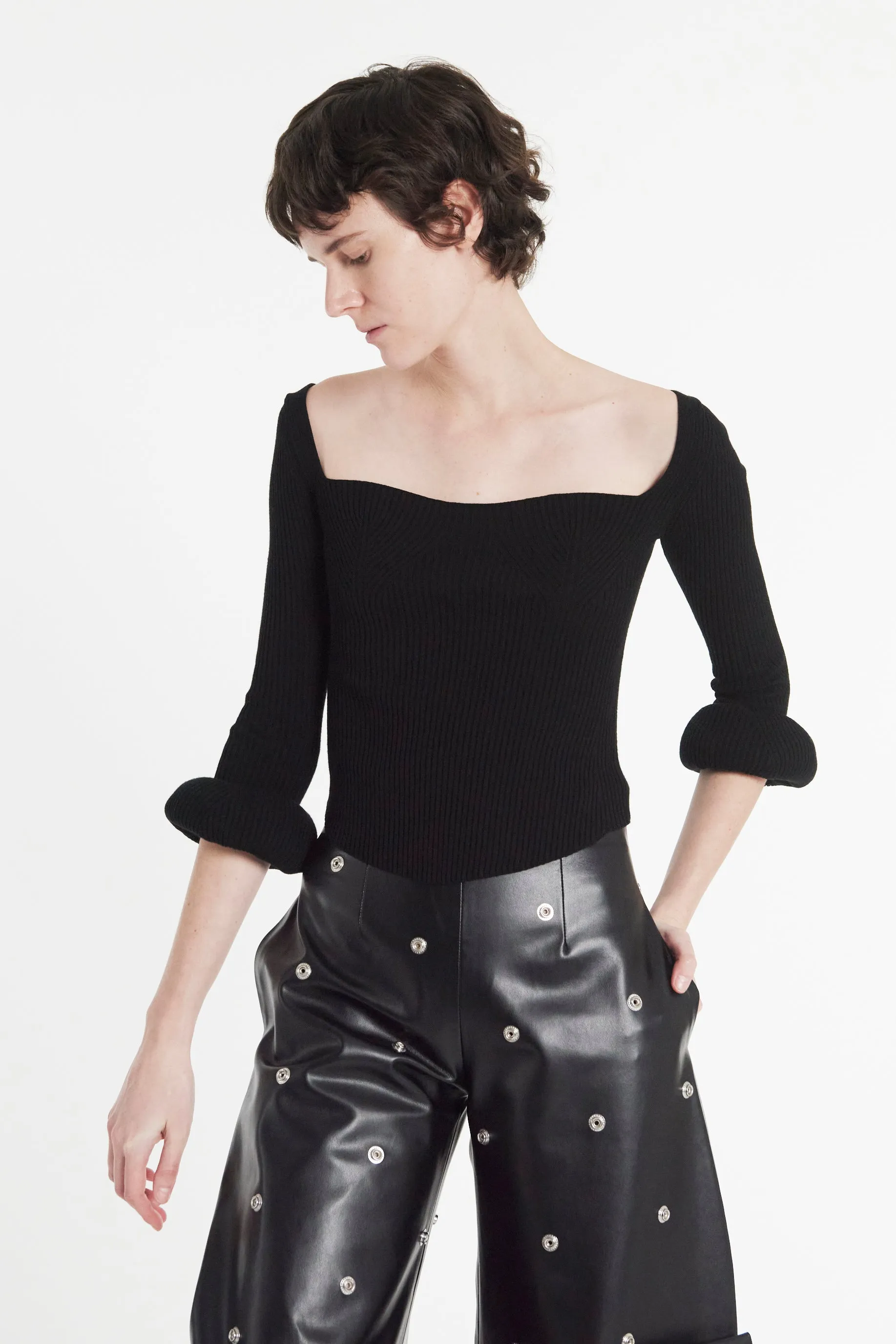 Knit Top With Square Decollete And Doughnut Sleeves Black Multi Directional Stretch Work Friendly