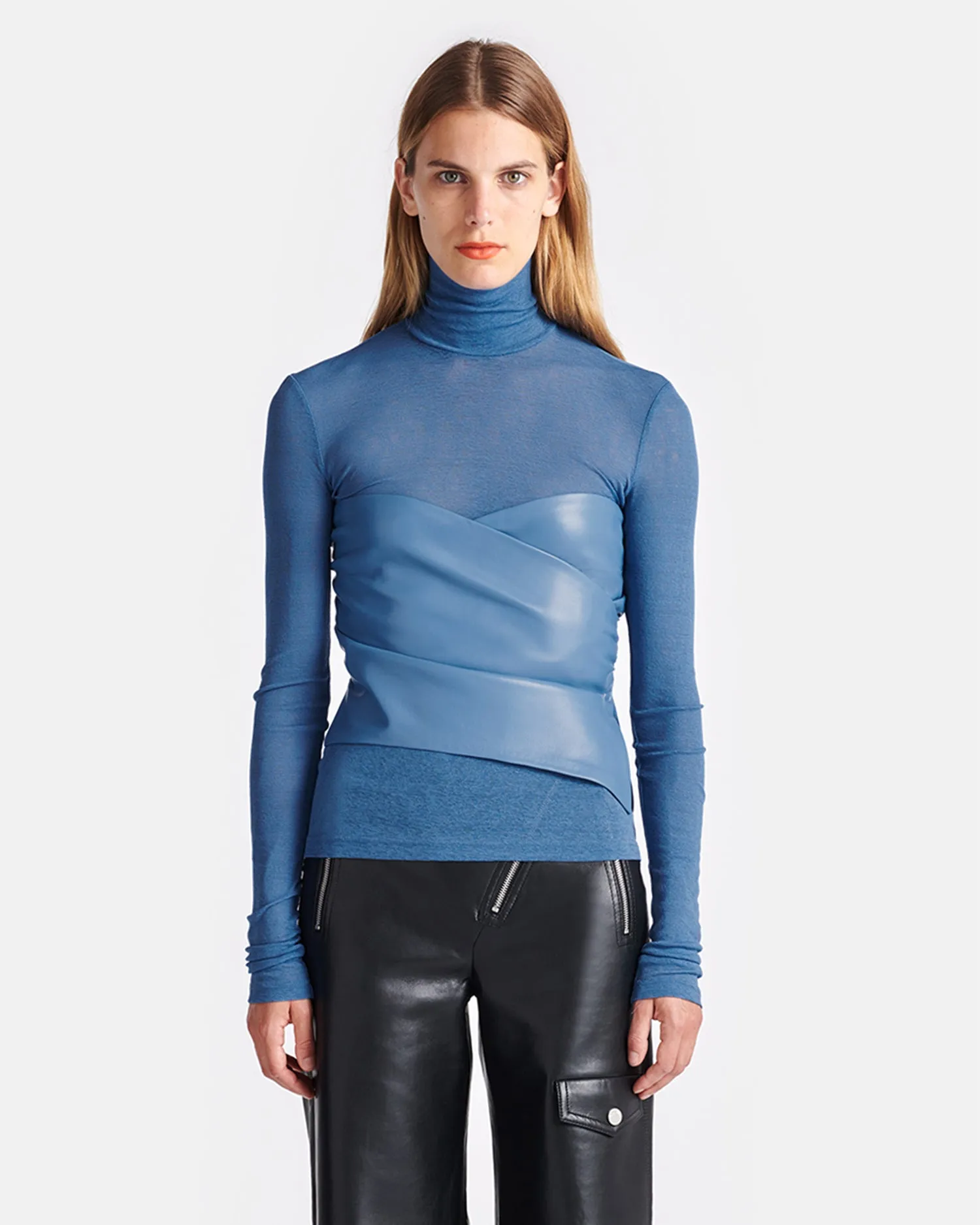 Kynlee - Mesh Jersey And Okobor? Alt-Leather Top - Blue Cozy Layer AntiPillTreatment